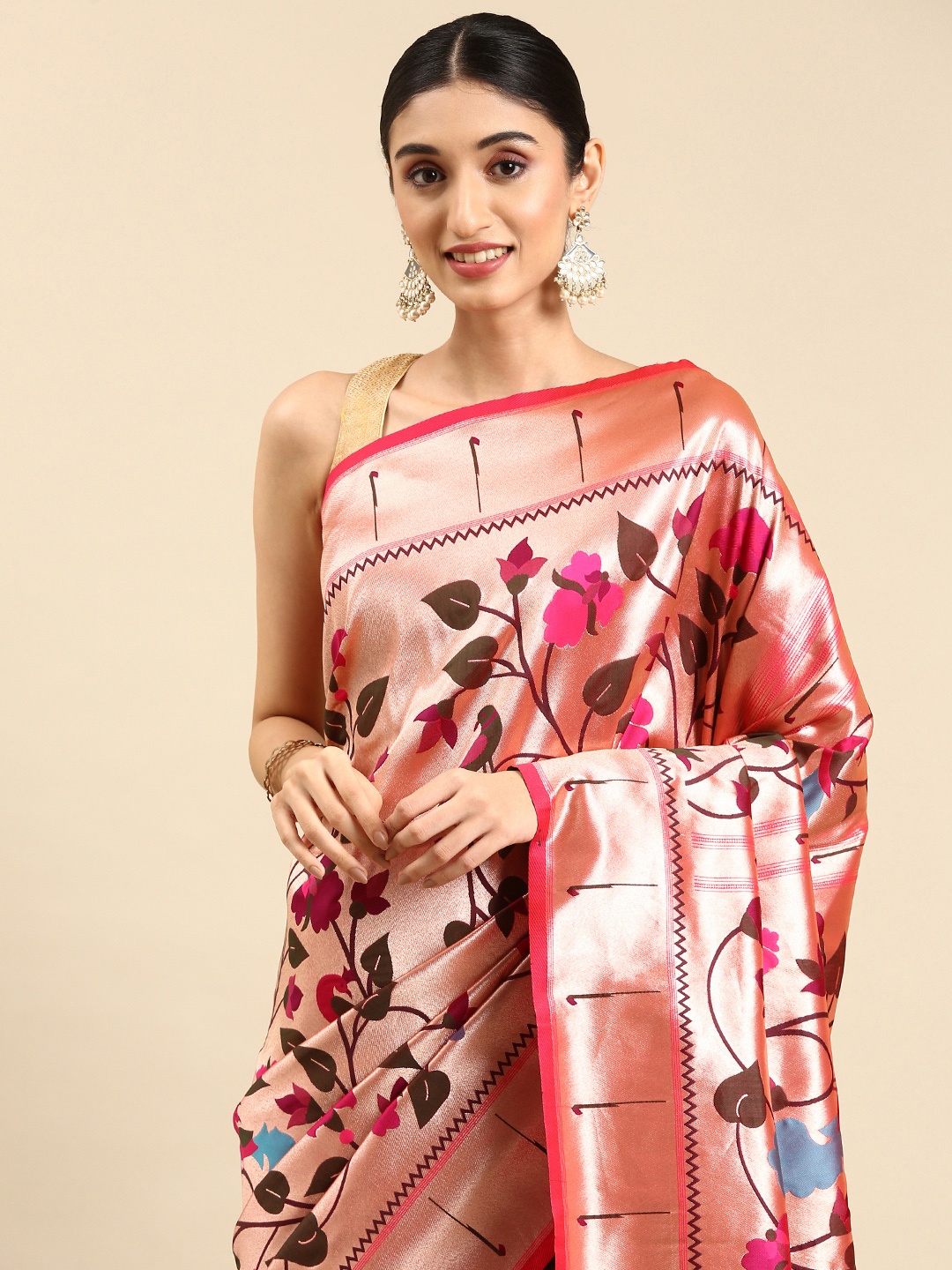 

Mitera Ethnic Motifs Zari Silk Blend Paithani Saree, Pink