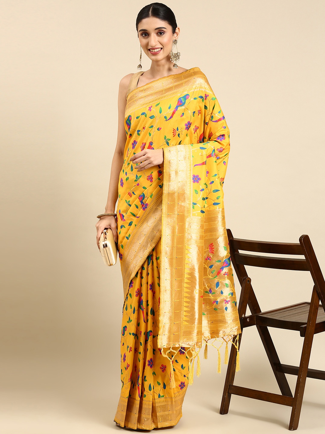 

Mitera Ethnic Motifs Zari Silk Blend Paithani Saree, Yellow