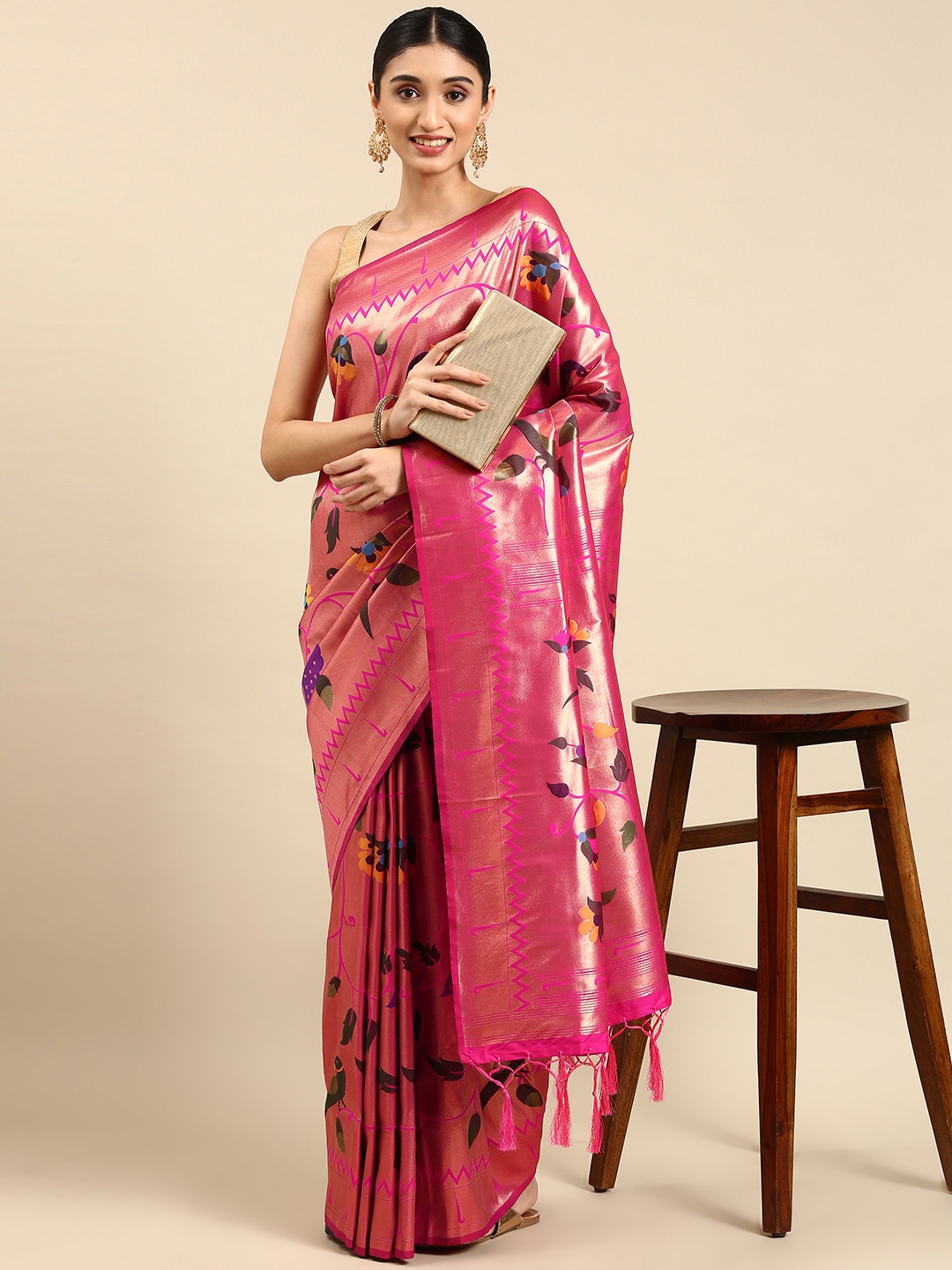 

Mitera Ethnic Motifs Zari Silk Blend Paithani Saree, Pink