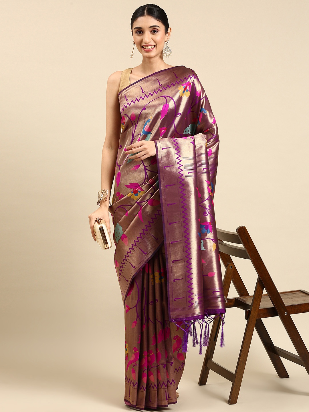 

Mitera Ethnic Motifs Zari Silk Blend Paithani Saree, Purple