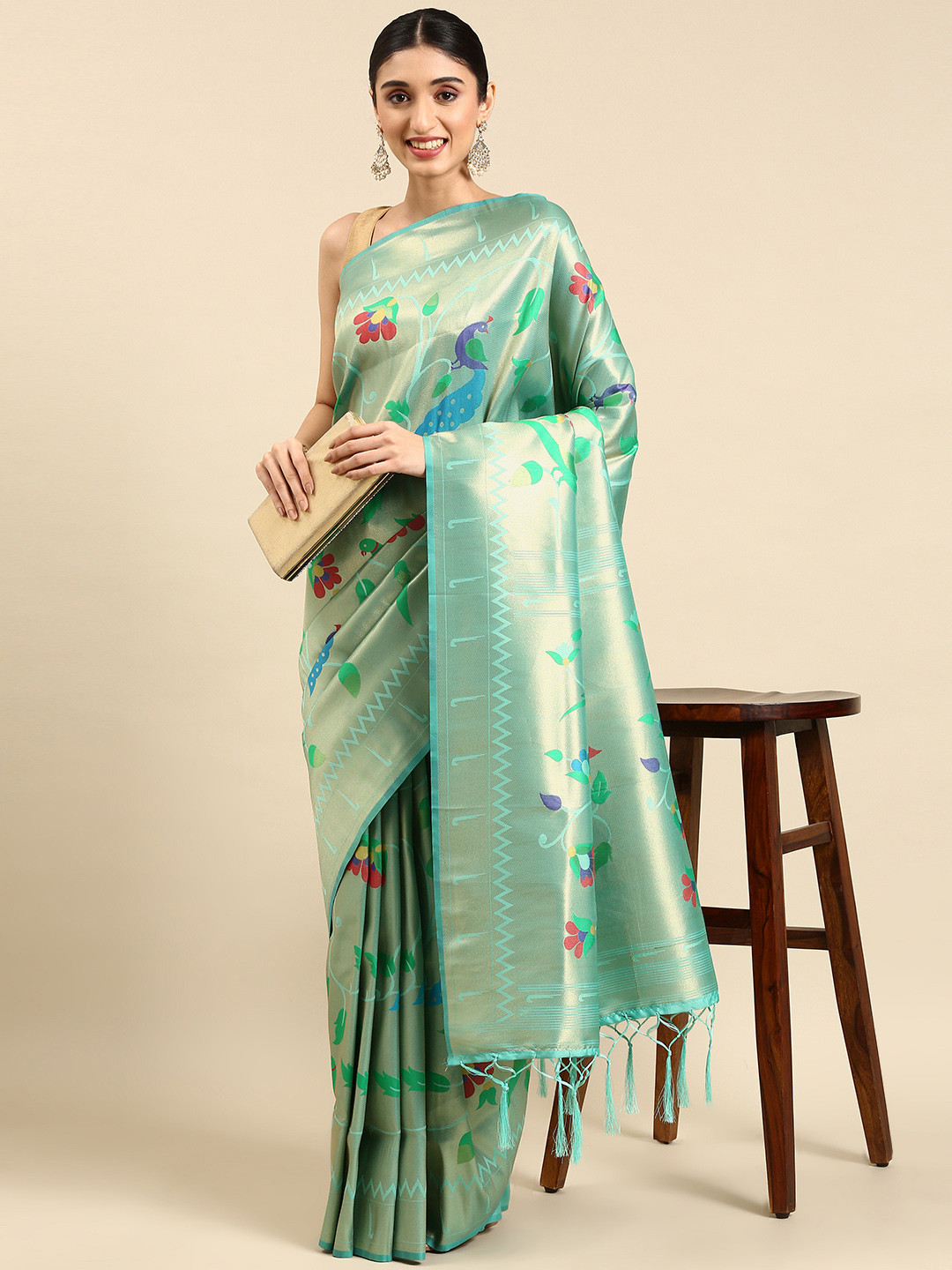 

Mitera Ethnic Motifs Zari Silk Blend Paithani Saree, Sea green