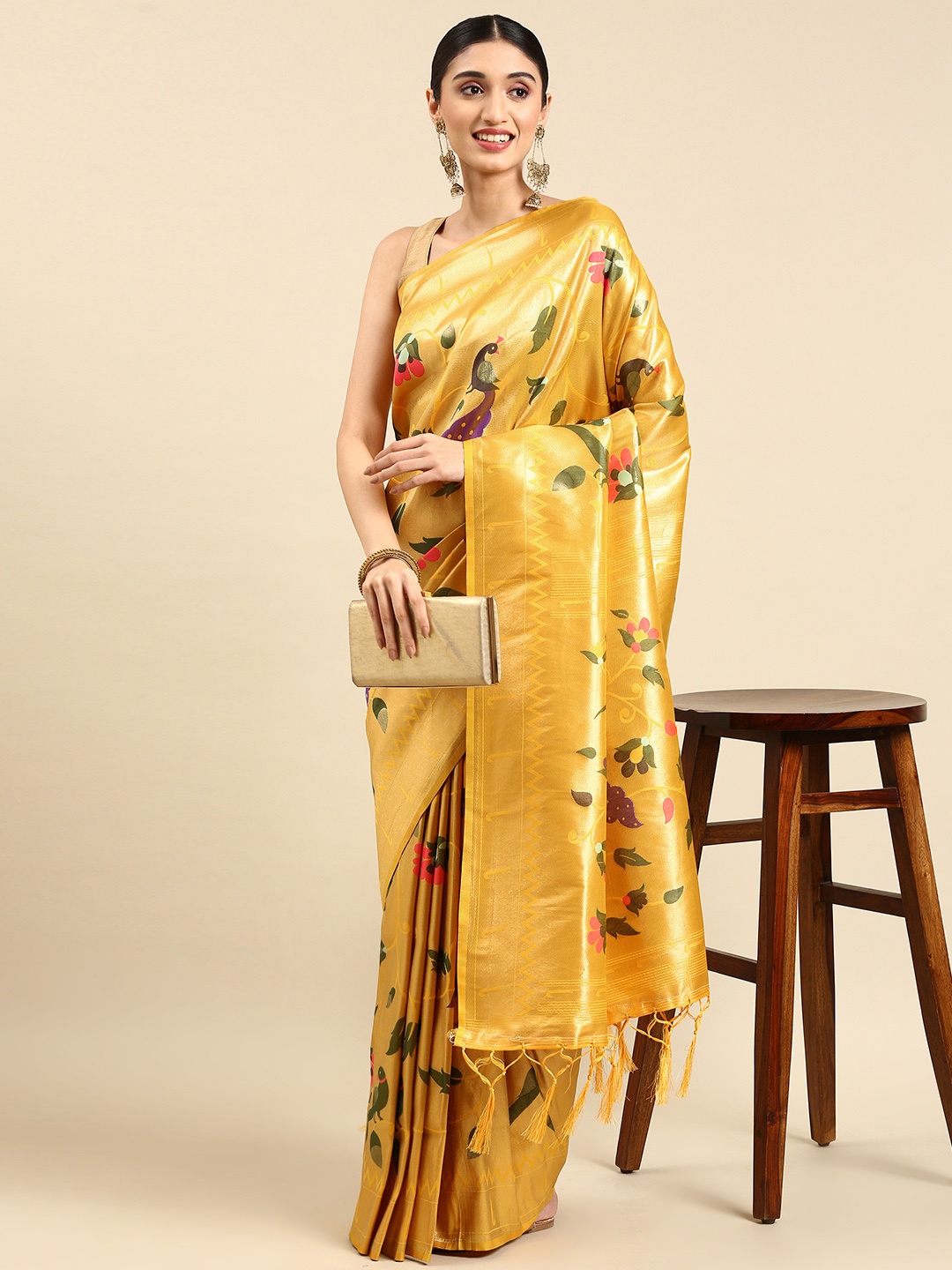 

Mitera Ethnic Motifs Zari Silk Blend Paithani Saree, Yellow