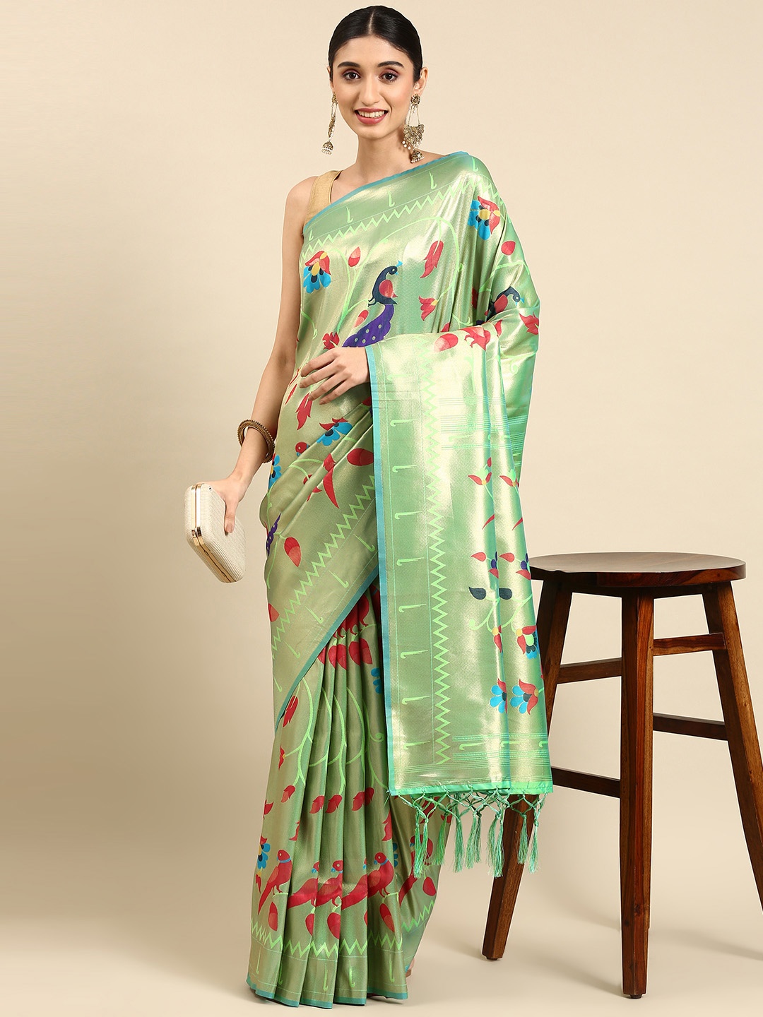 

Mitera Ethnic Motifs Zari Silk Blend Paithani Saree, Teal