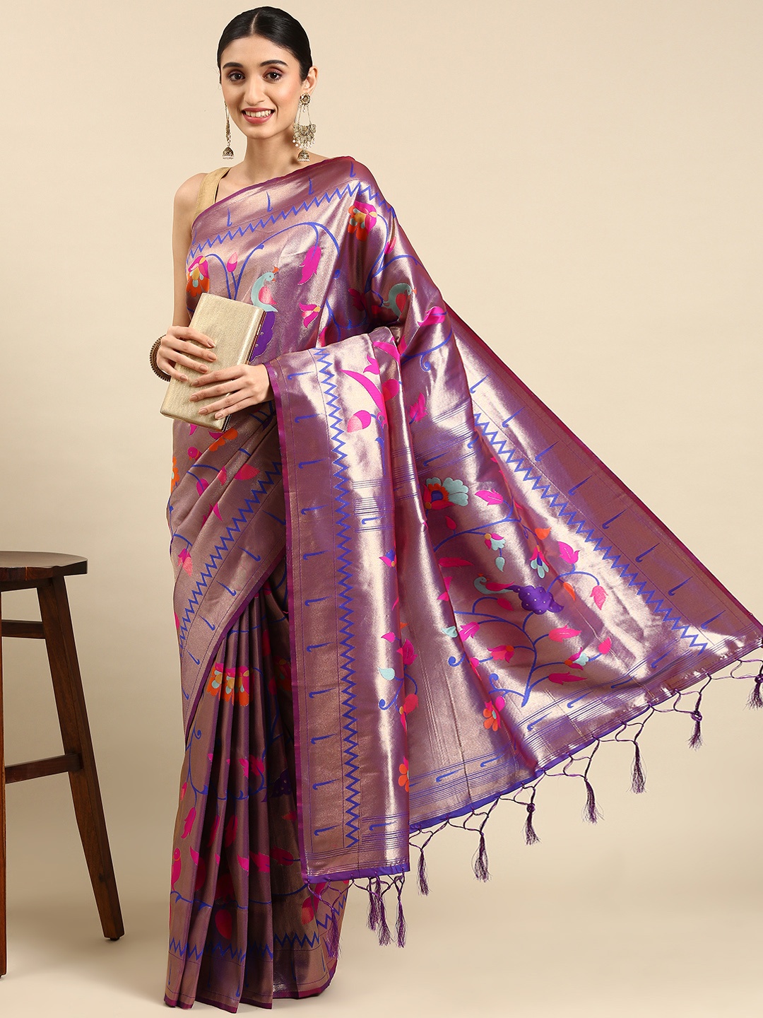 

Mitera Ethnic Motifs Zari Silk Blend Paithani Saree, Purple