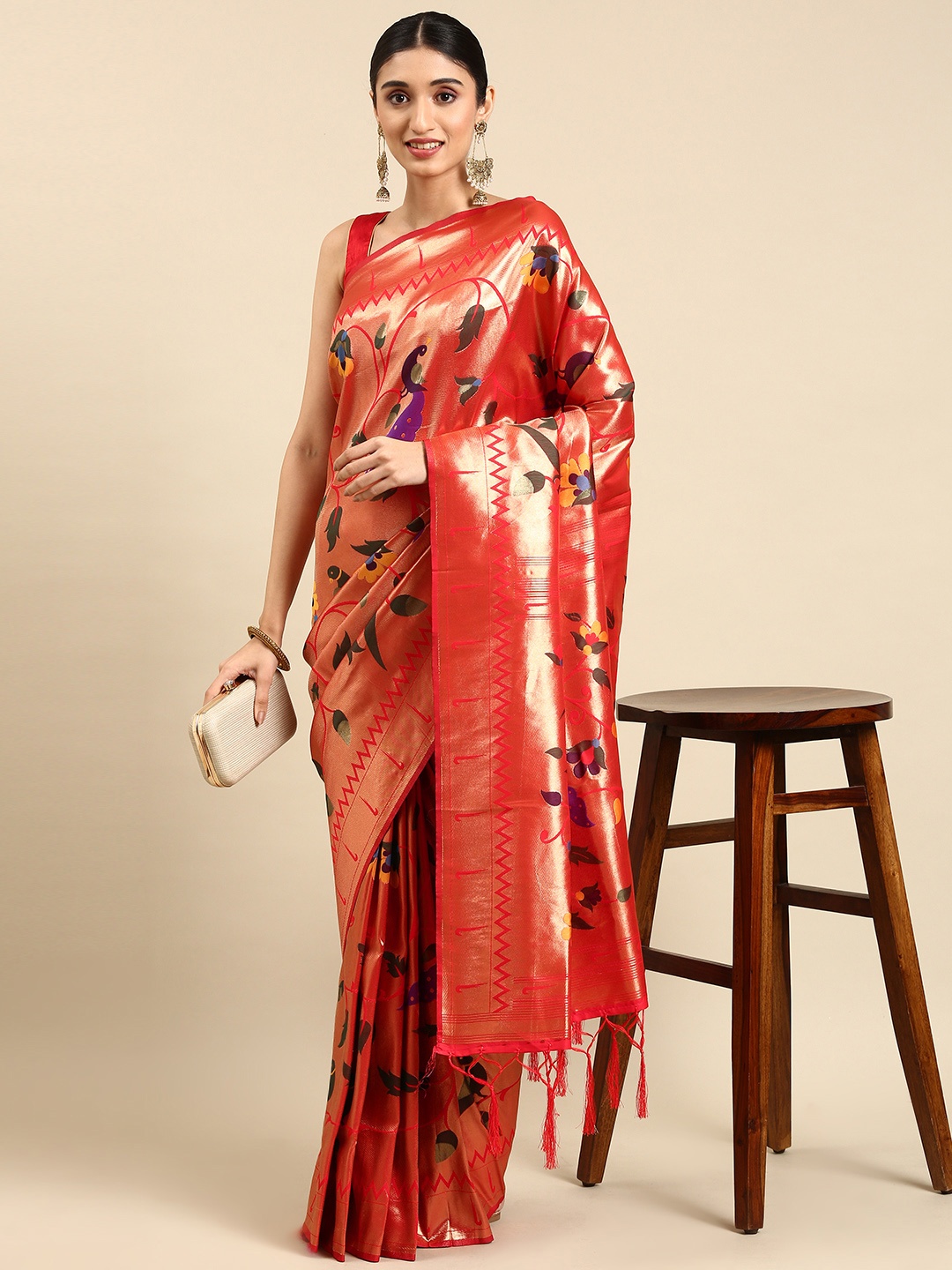 

Mitera Ethnic Motifs Zari Silk Blend Paithani Saree, Red