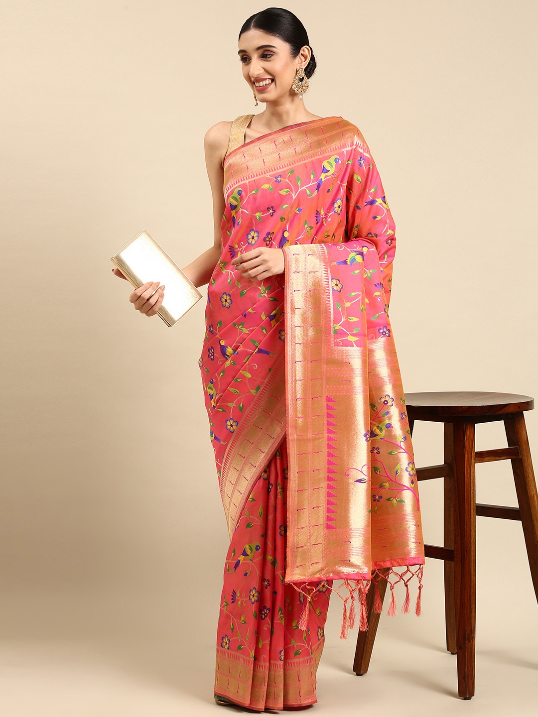 

Mitera Ethnic Motifs Zari Silk Blend Paithani Saree, Peach