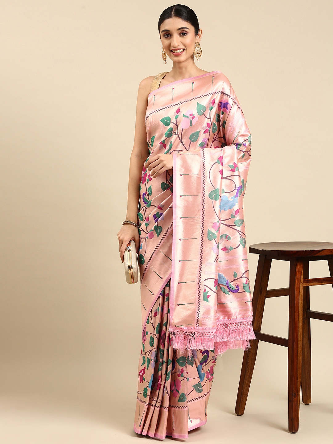 

Mitera Woven Design Zari Silk Blend Paithani Saree, Pink