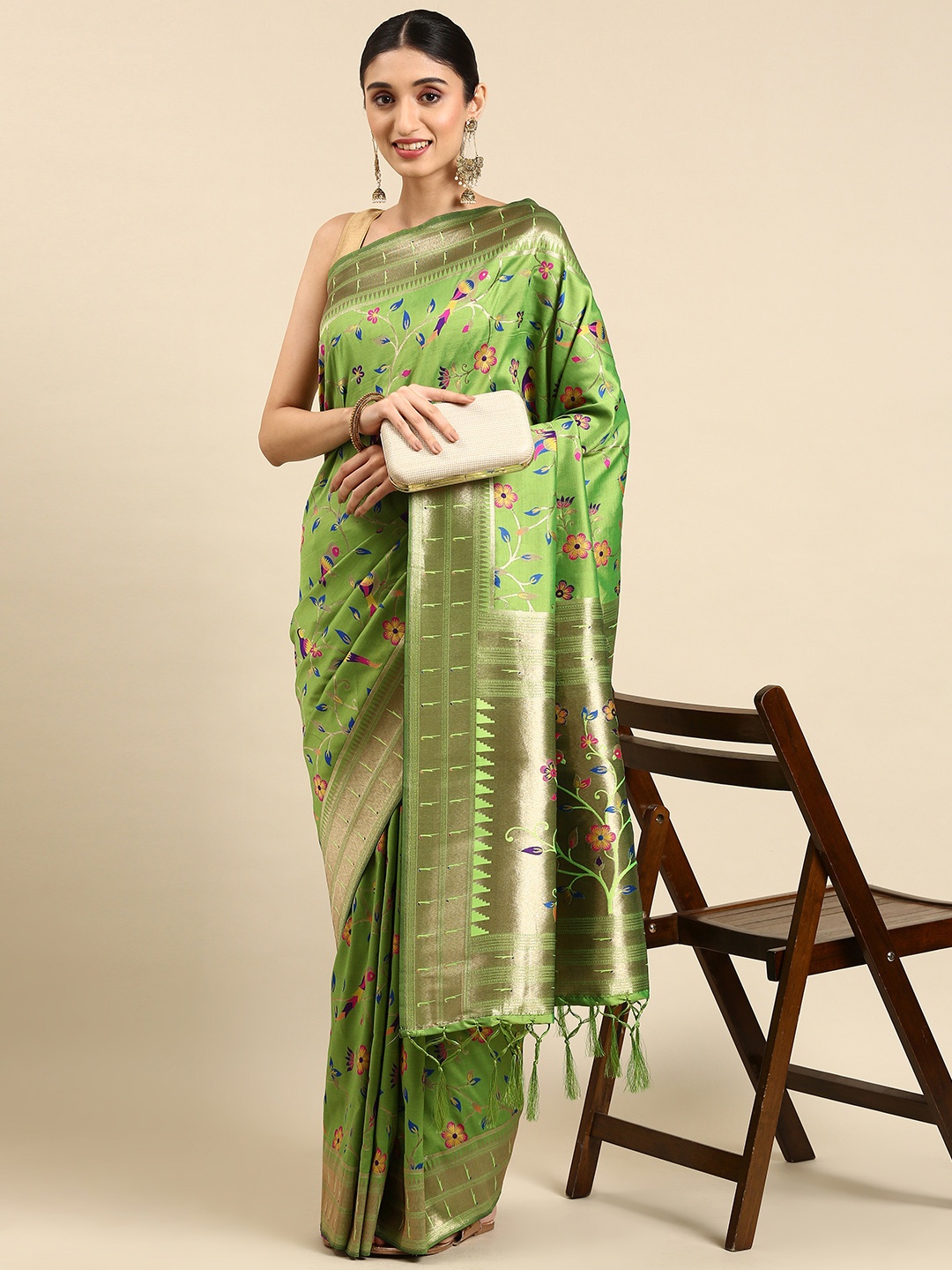 

Mitera Ethnic Motifs Zari Silk Blend Paithani Saree, Olive