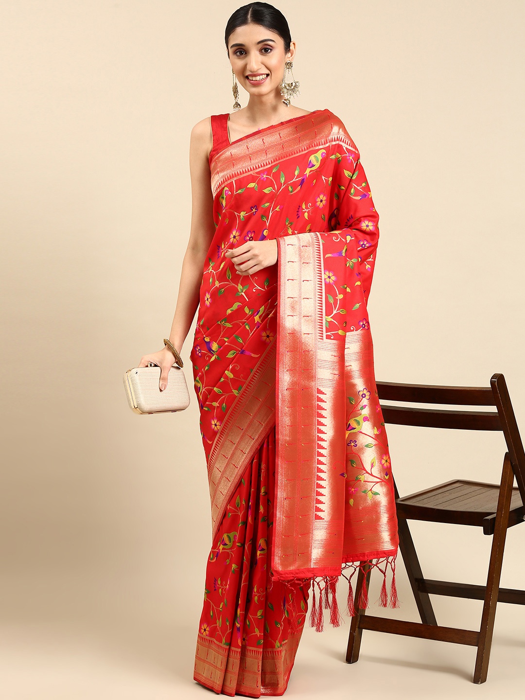 

Mitera Ethnic Motifs Zari Silk Blend Paithani Saree, Red