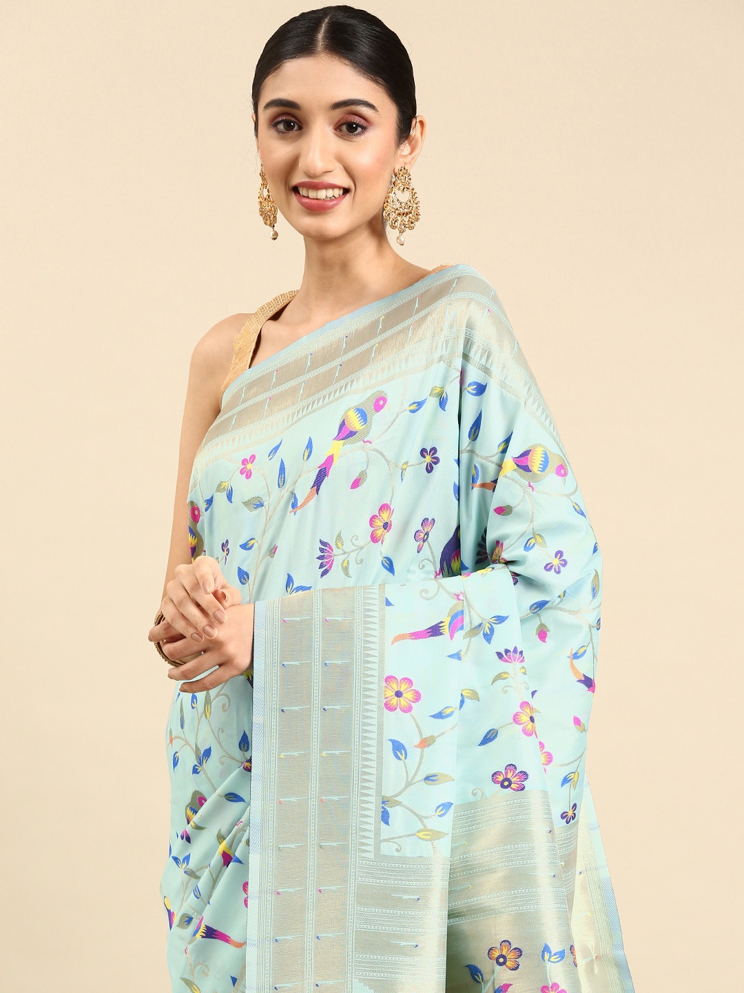 

Mitera Ethnic Motifs Zari Silk Blend Paithani Saree, Blue