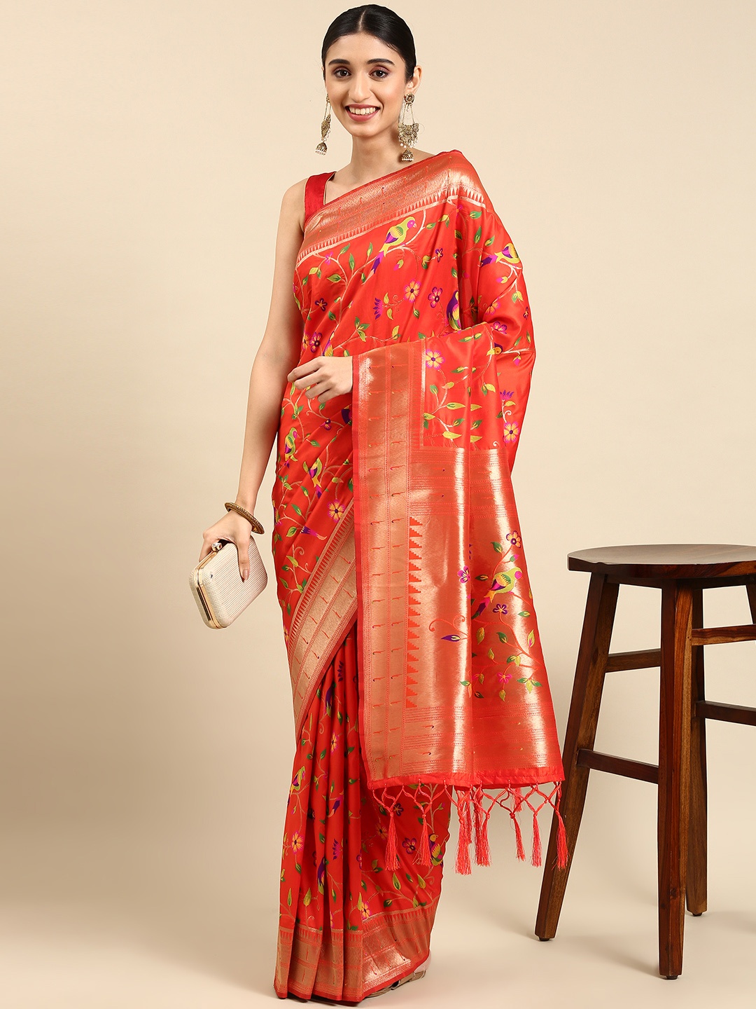 

Mitera Ethnic Motifs Zari Silk Blend Paithani Saree, Orange