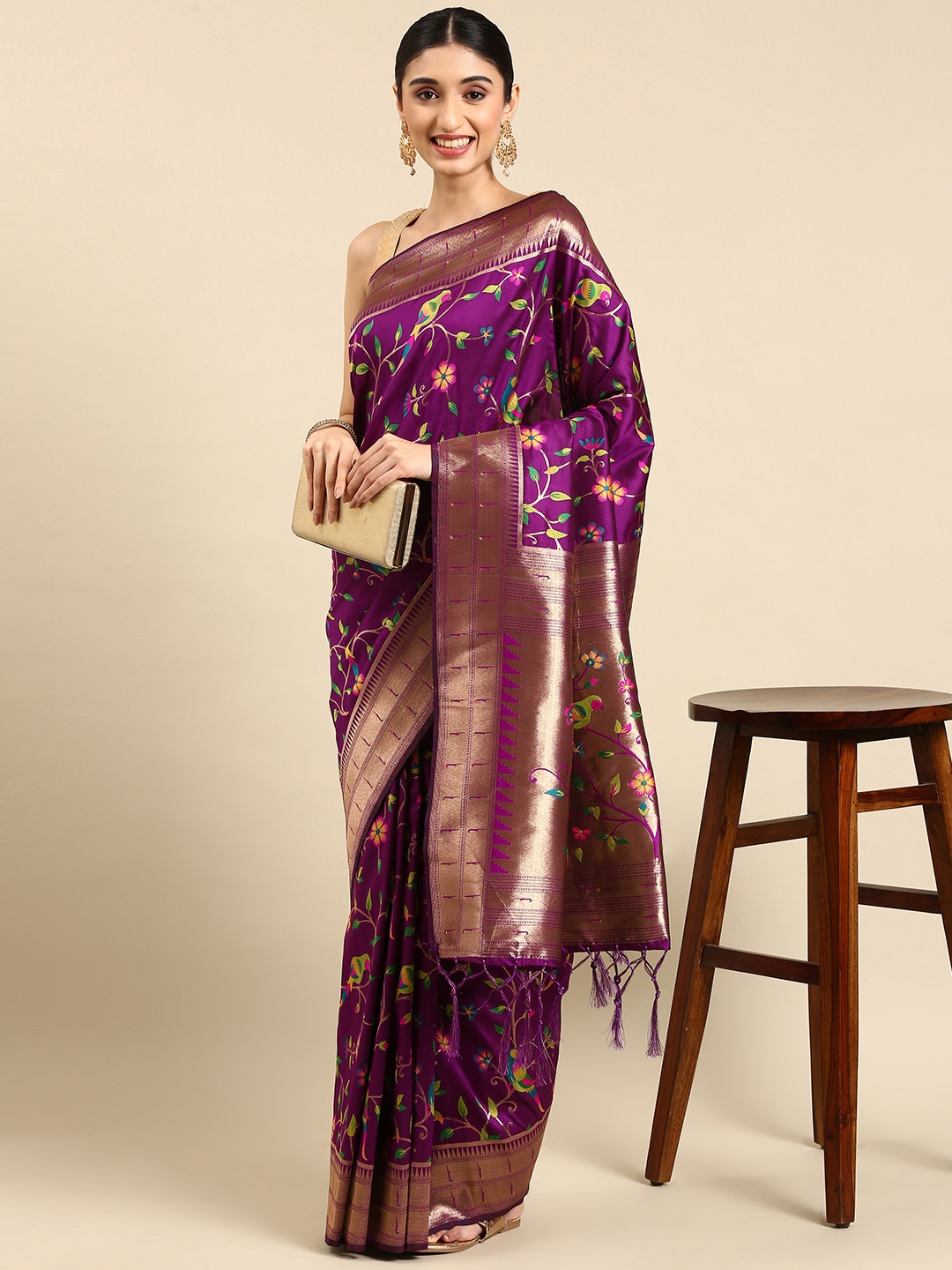 

Mitera Ethnic Motifs Zari Silk Blend Paithani Saree, Purple