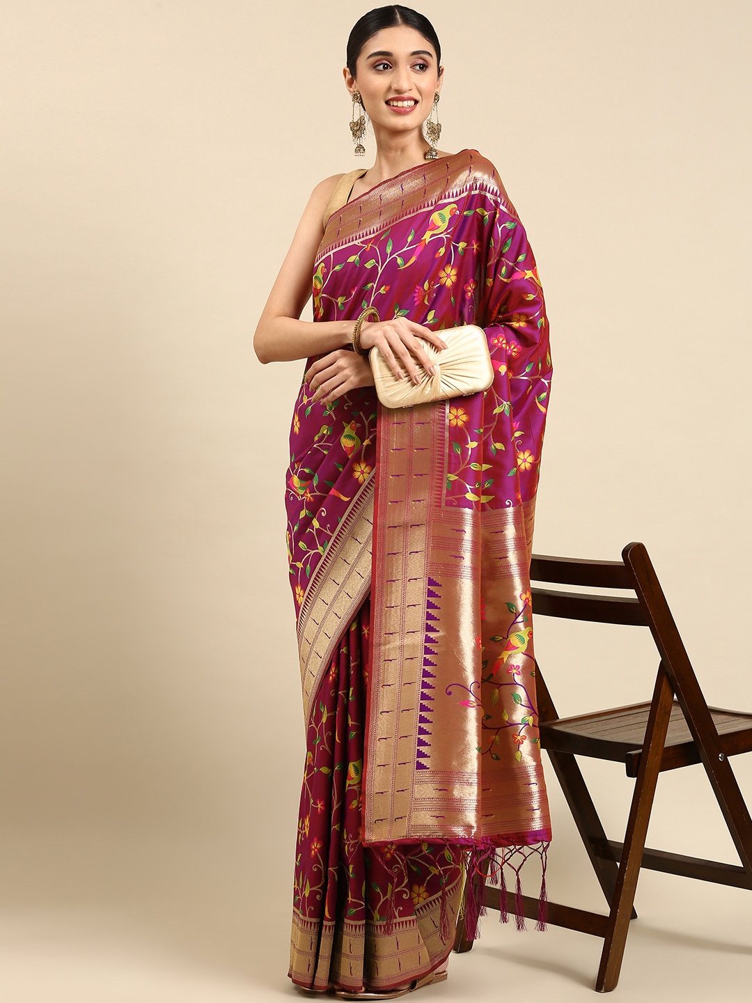 

Mitera Ethnic Motifs Zari Silk Blend Paithani Saree, Pink