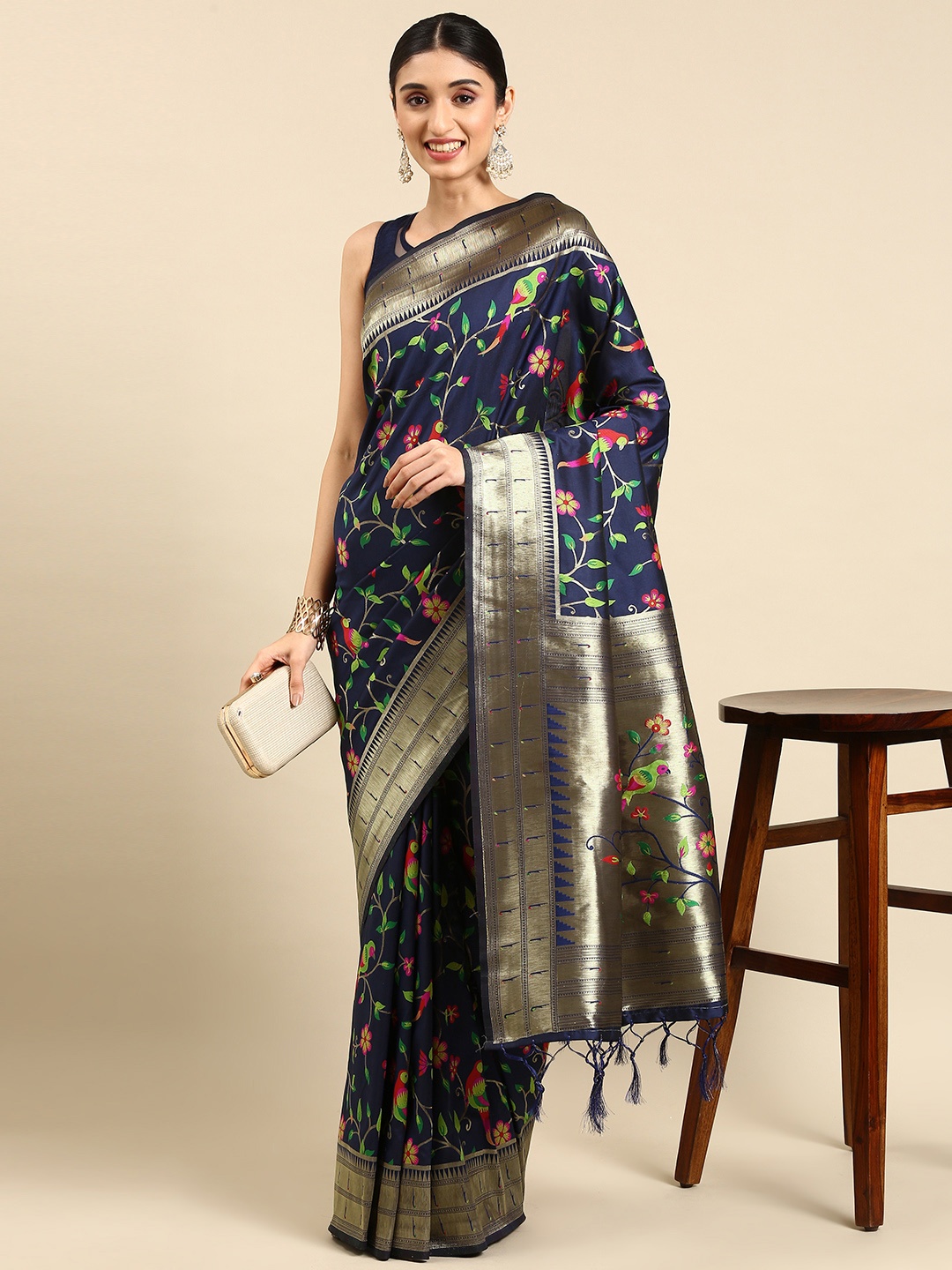 

Mitera Ethnic Motifs Zari Silk Blend Paithani Saree, Navy blue