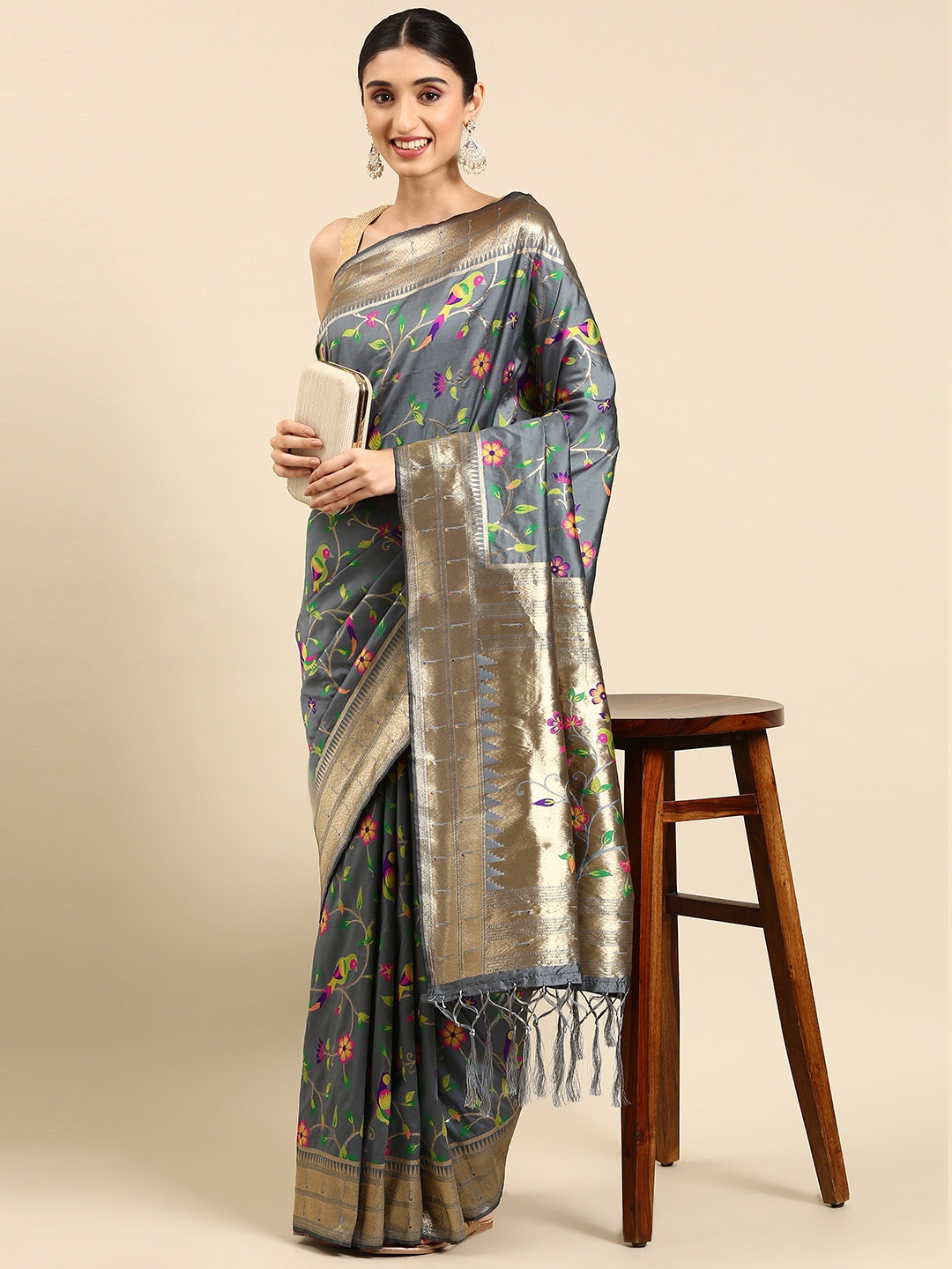 

Mitera Ethnic Motifs Zari Silk Blend Paithani Saree, Grey