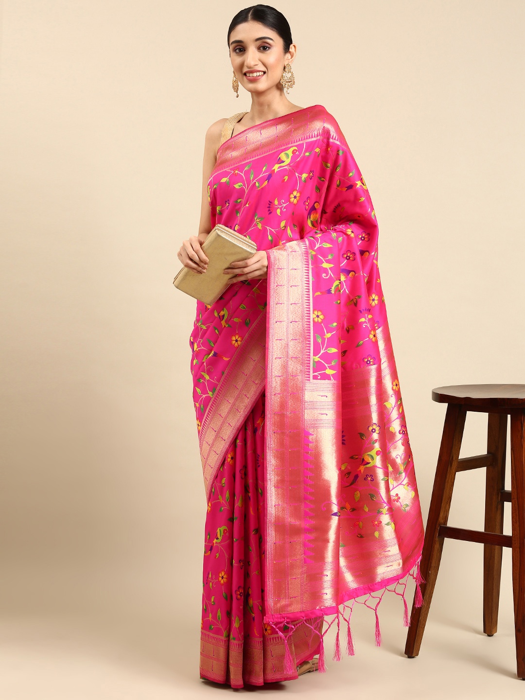 

Mitera Ethnic Motifs Zari Silk Blend Paithani Saree, Pink