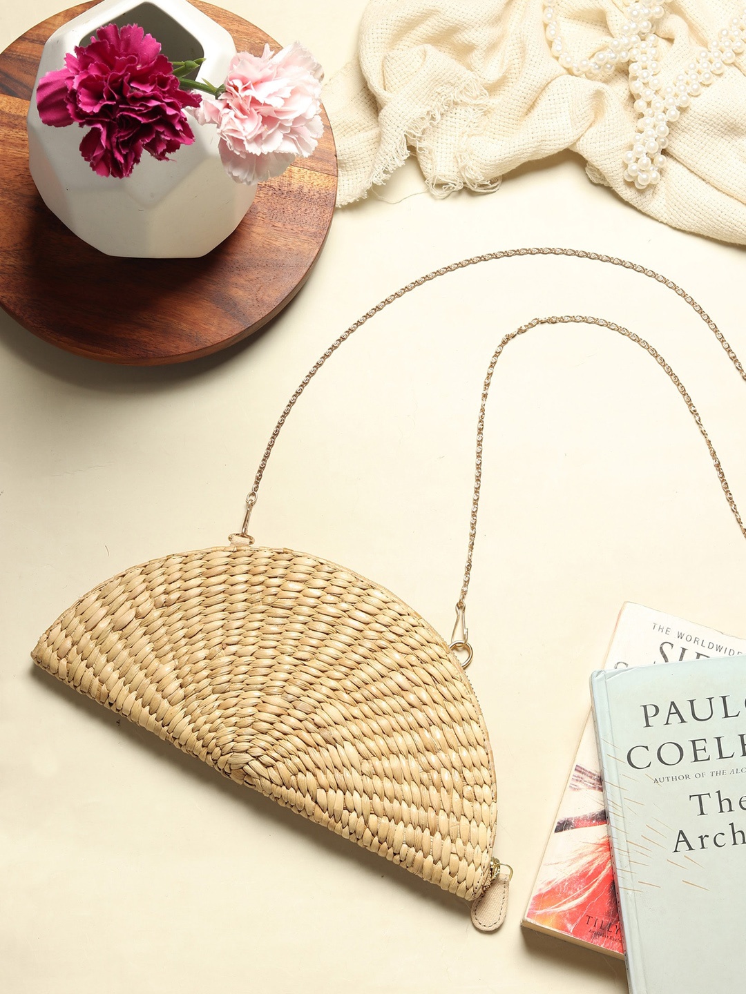 

HABERE INDIA Beige Textured Half Moon Sling Bag