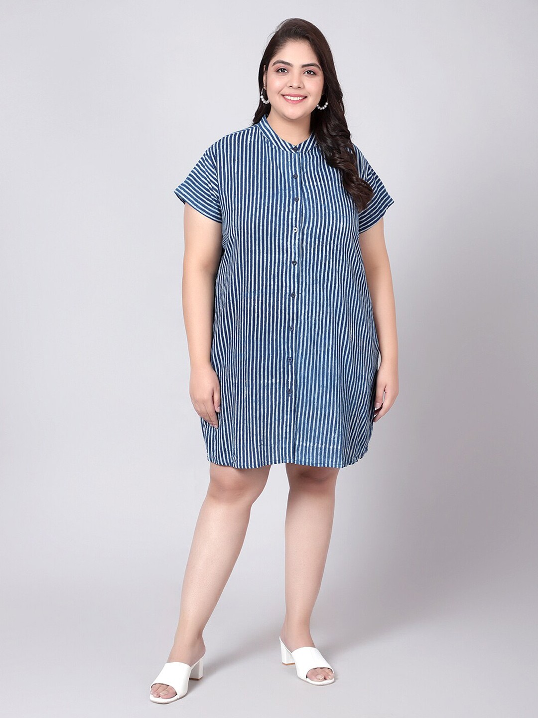 

Indietoga Plus Size Blue Indigo Hand Block Printed Pure Cotton Shirt Dress