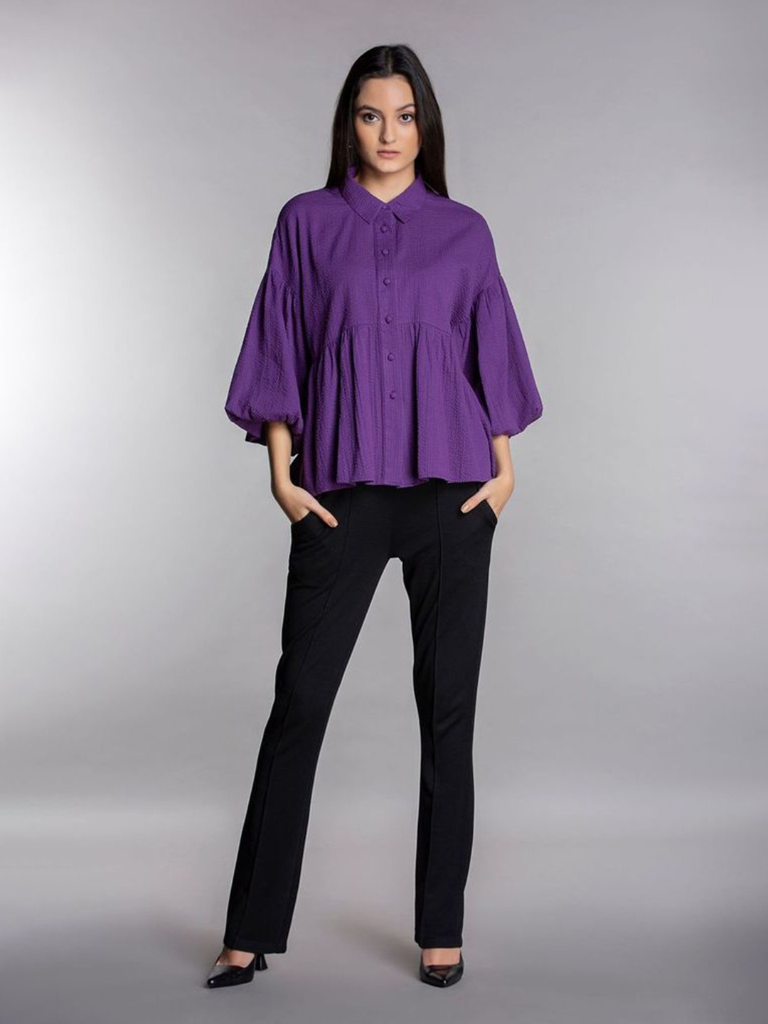 

MKOAL Women Purple Relaxed Cotton Casual Shirt