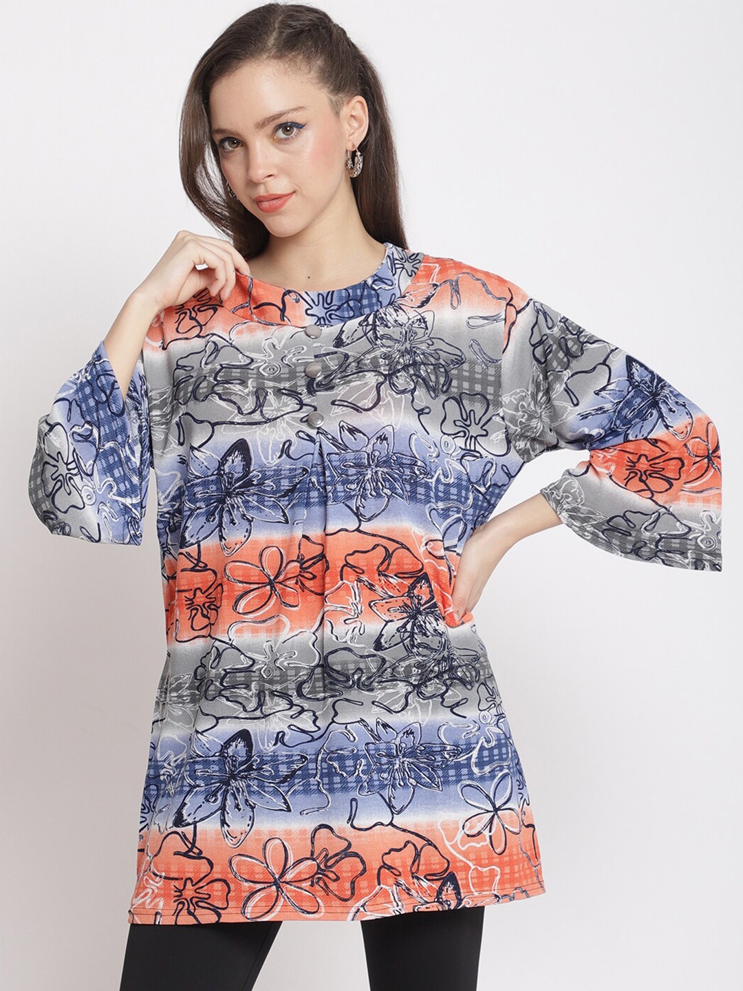 

The Mini NEEDLE Plus Size Orange & Blue Floral Printed Longline Top