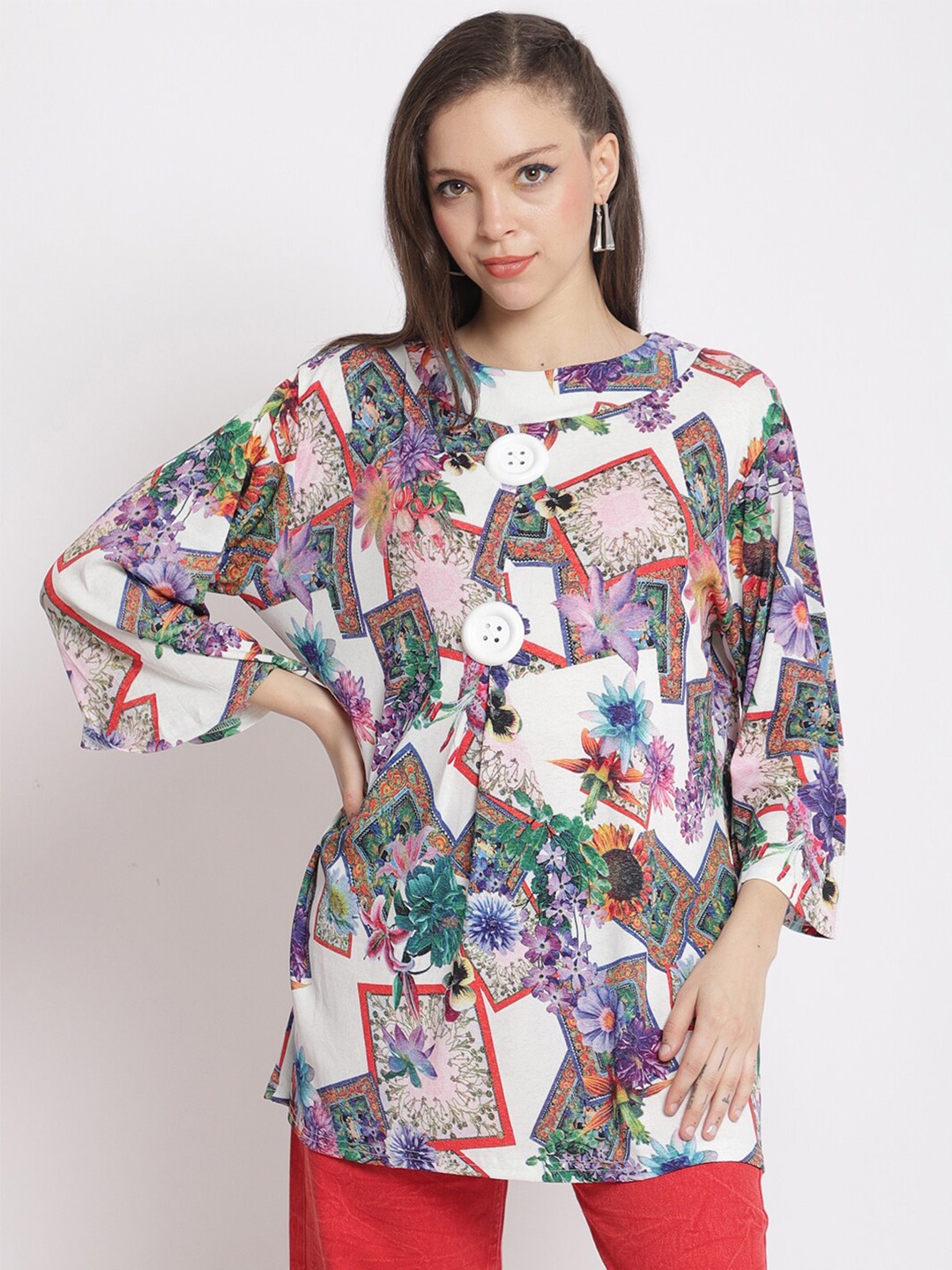 

The Mini NEEDLE Plus Size White & Purple Floral Printed Longline Top