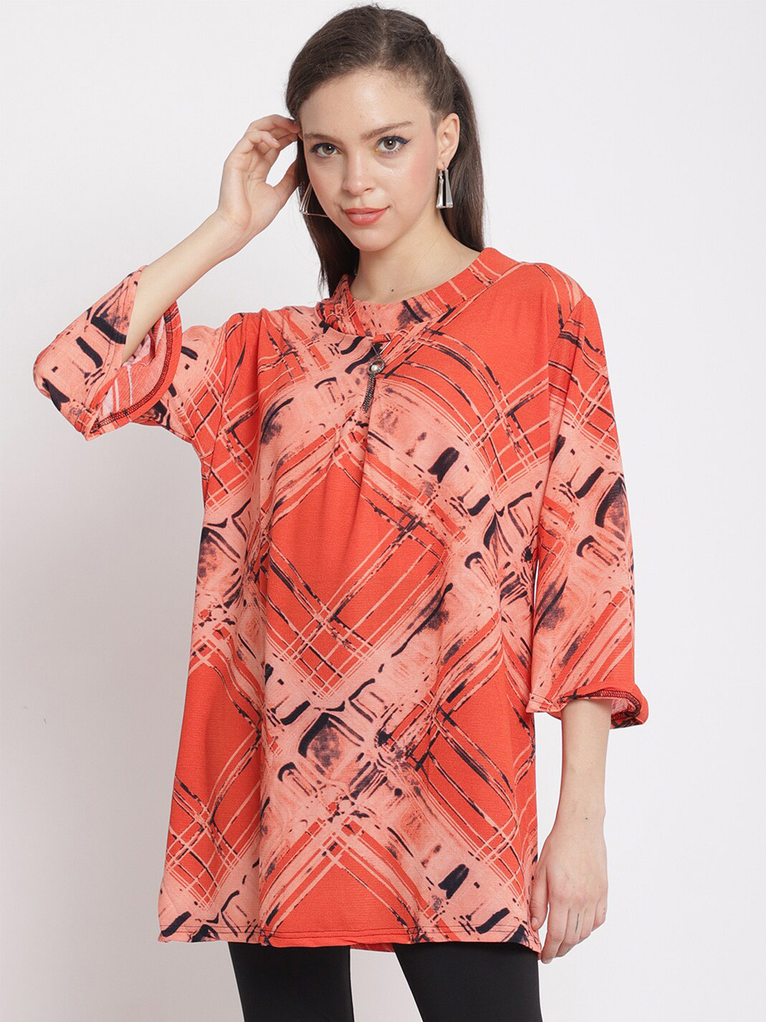

The Mini NEEDLE Plus Size Orange & Black Printed Longline Top
