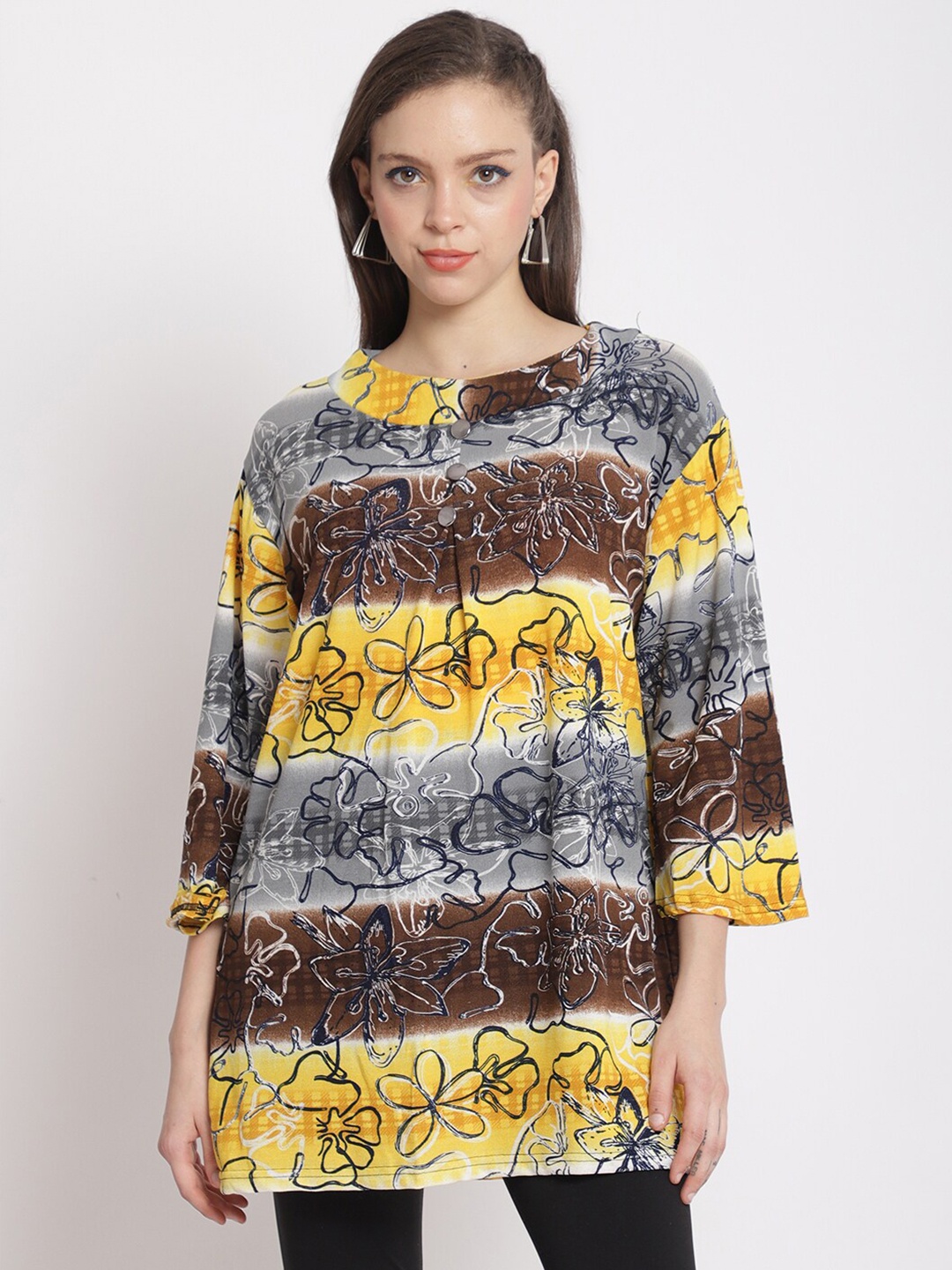 

The Mini NEEDLE Plus Size Yellow & Brown Floral Printed Longline Top