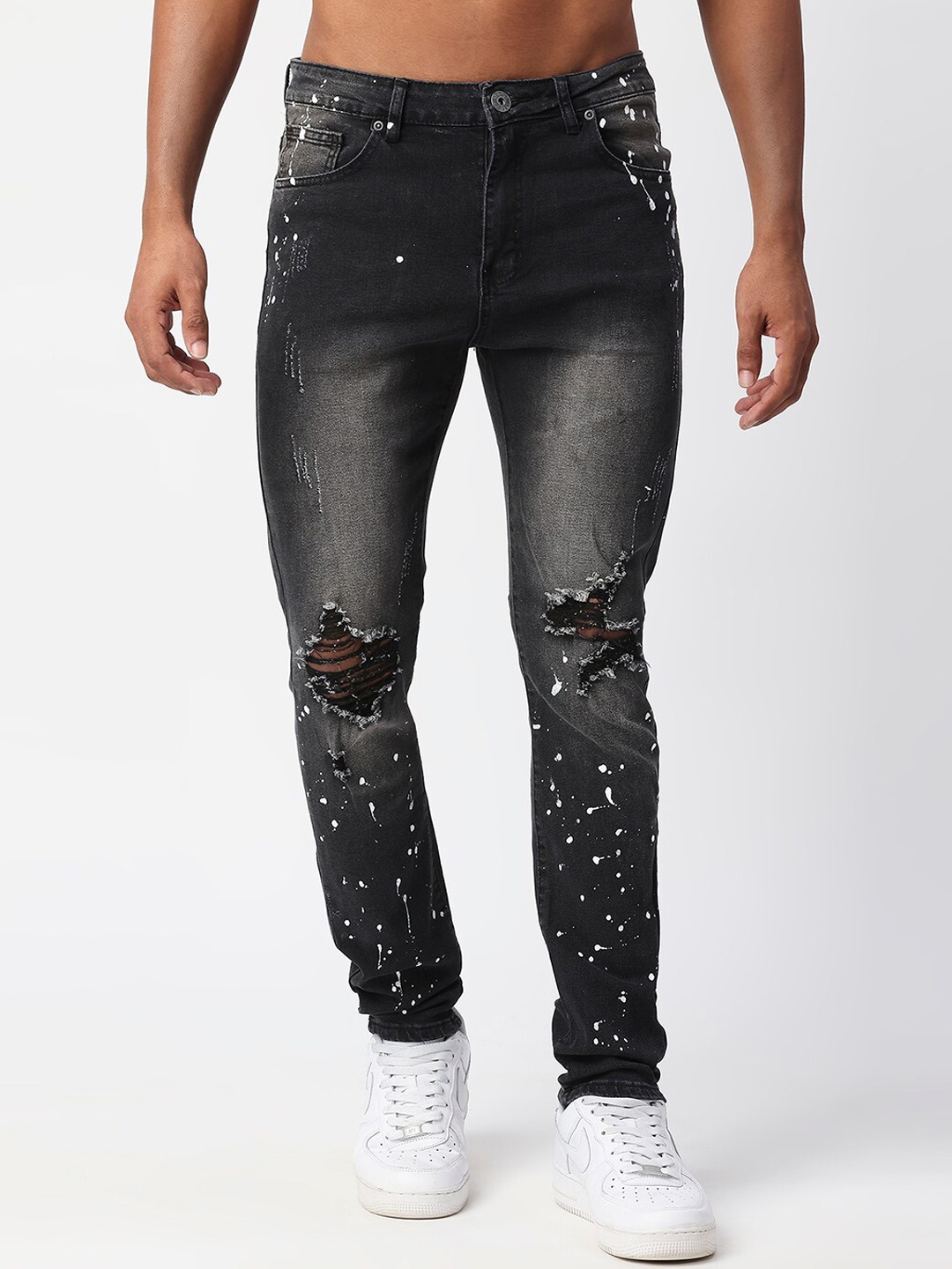

WAIMEA Men Black Skinny Fit Mildly Distressed Heavy Fade Printed Stretchable Jeans
