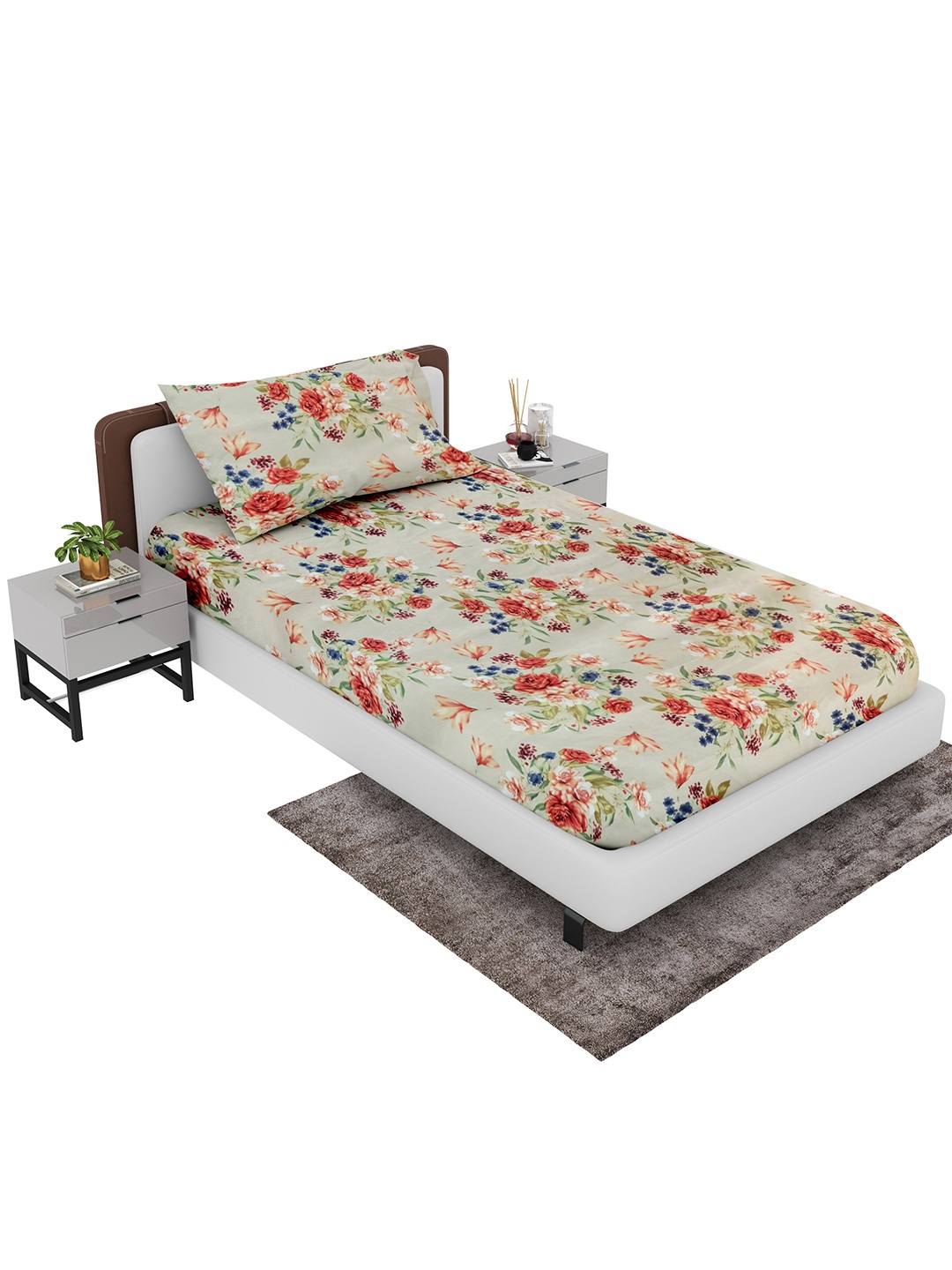 

LABHAM Cream-Coloured & Green Floral 180 TC Cotton Single Bedsheet with 1 Pillow Cover