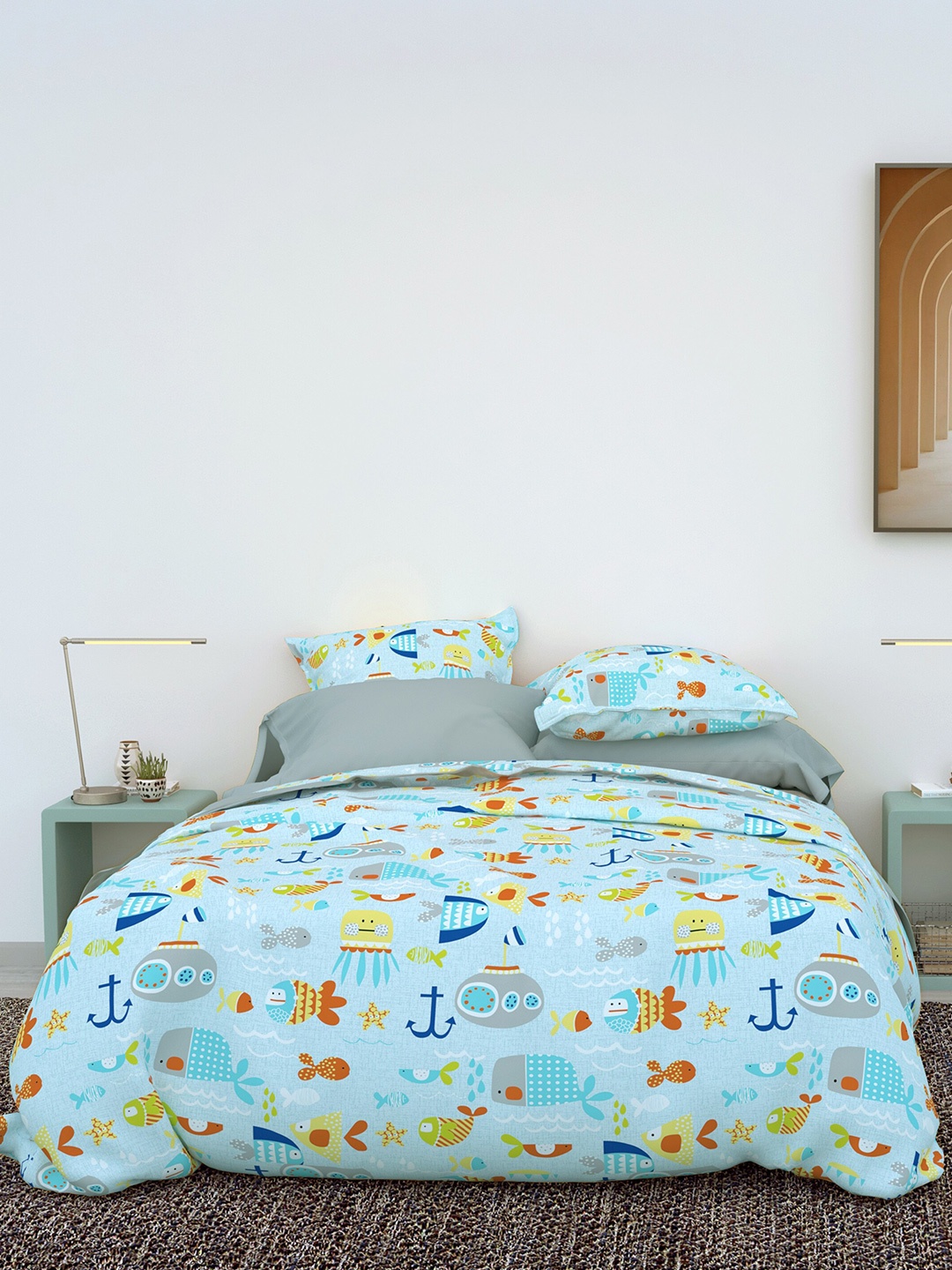 

LABHAM Blue & Red Conversational 180 TC Cotton King Bedsheet with 2 Pillow Covers