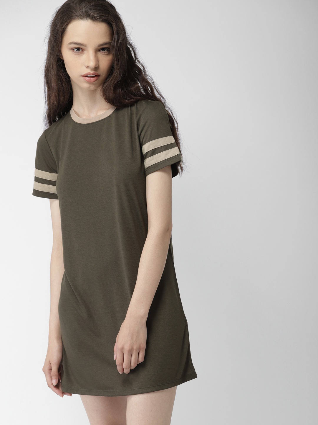 

FOREVER 21 Women Olive Green Solid T-shirt Dress