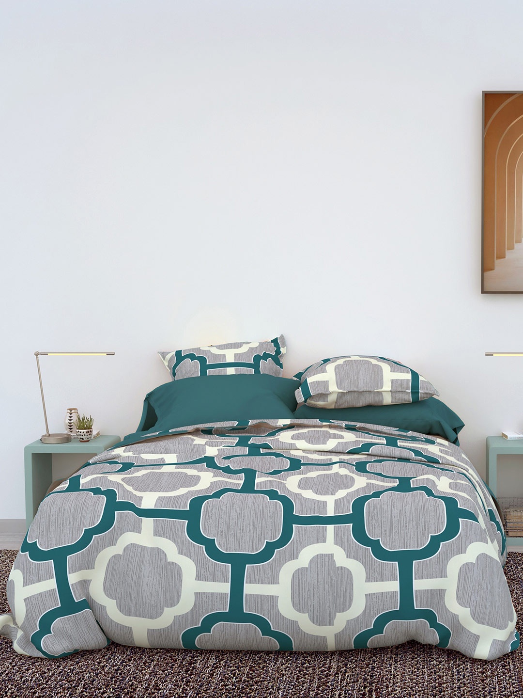 

LABHAM Charcoal & Blue Geometric 180 TC Cotton King Bedsheet with 2 Pillow Covers