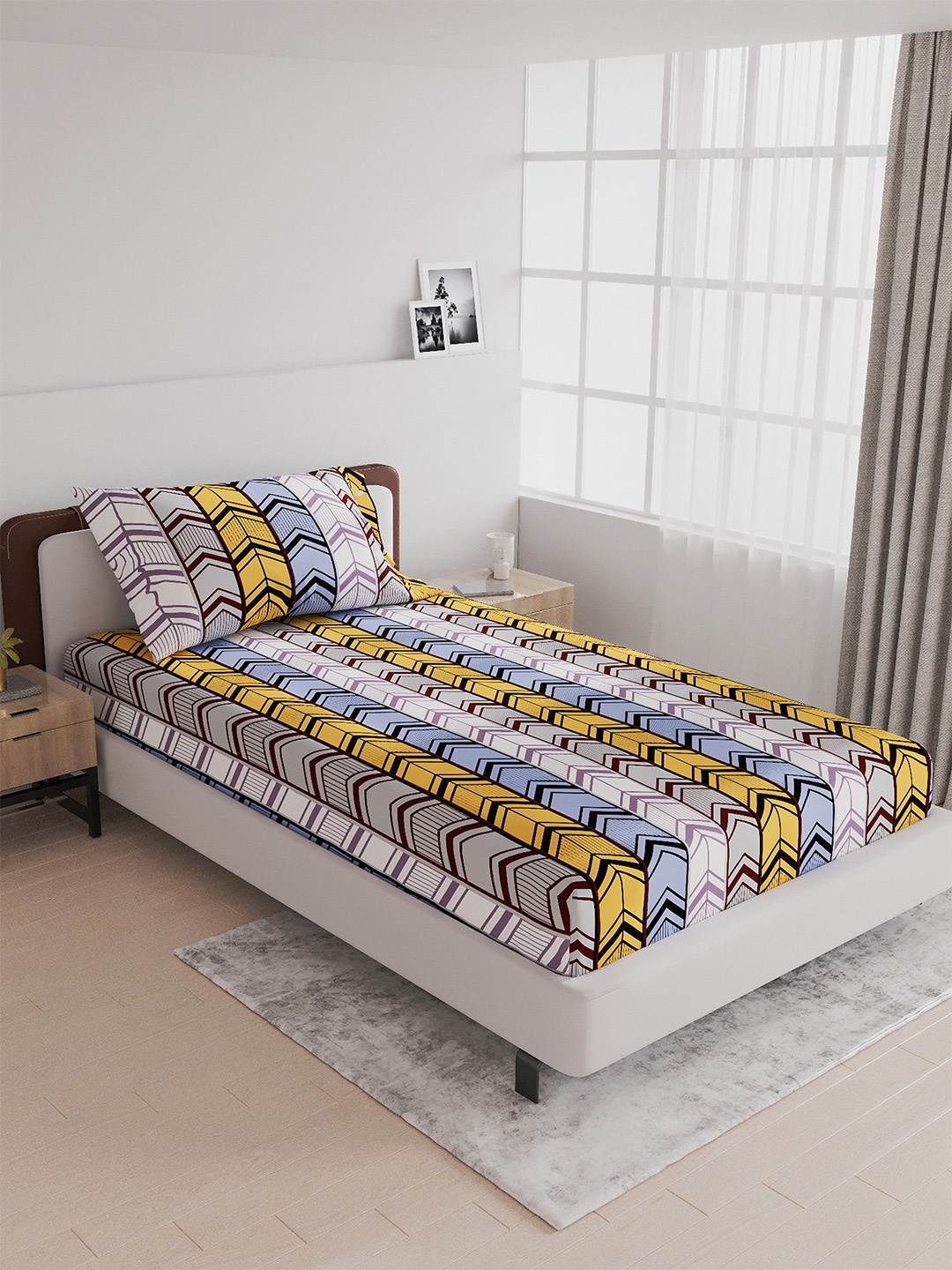 

LABHAM White & Blue Geometric 180 TC Cotton Single Bedsheet with 1 Pillow Cover