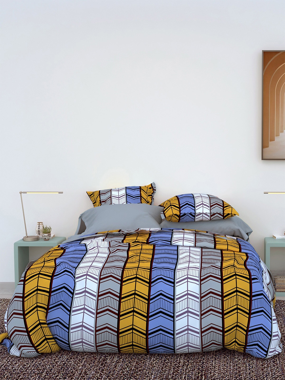 

LABHAM Yellow & Blue Geometric 180 TC Cotton King Bedsheet with 2 Pillow Covers