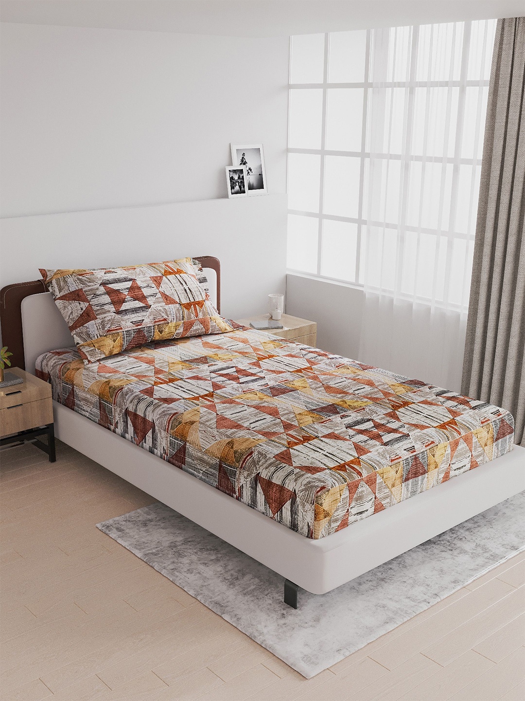 

LABHAM Mustard Yellow & Brown Geometric 180 TC Pure Cotton Single Bedsheet with 1 Pillow Covers
