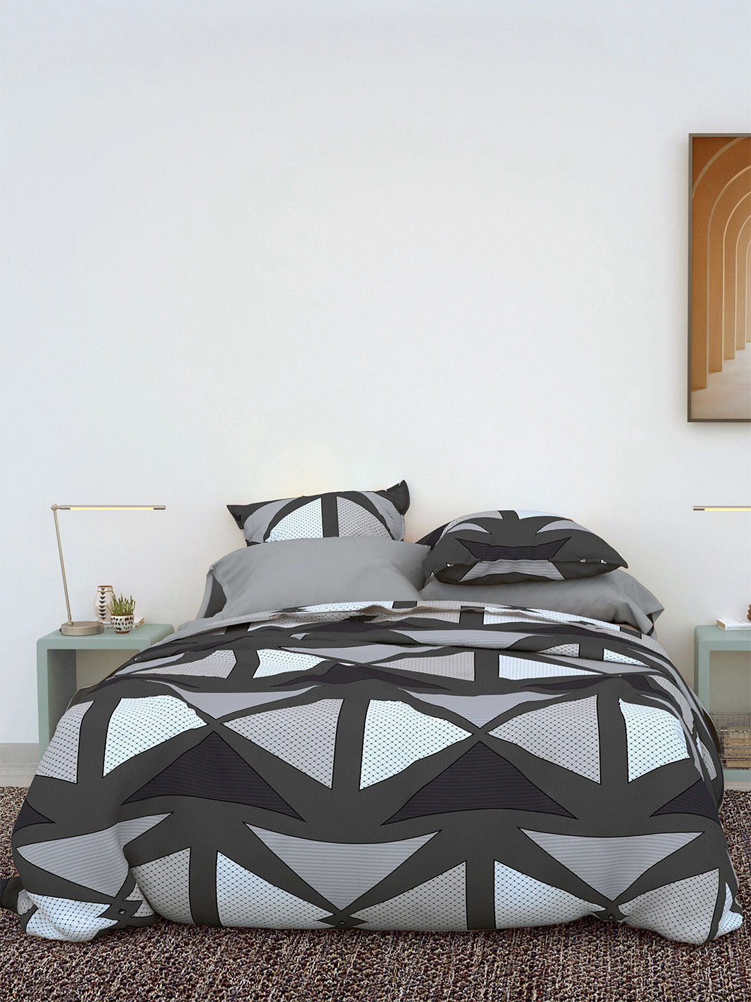 

LABHAM Grey & White Geometric 180 TC Cotton King Bedsheet with 2 Pillow Covers