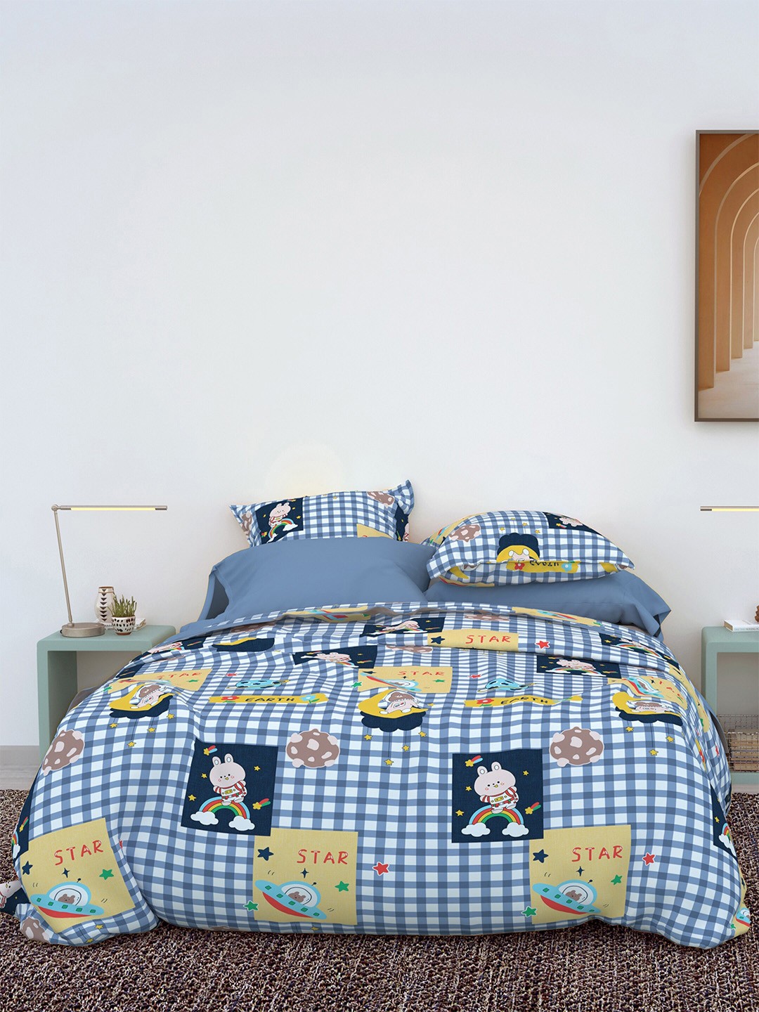 

LABHAM Blue & Yellow Conversational 180 TC Cotton King Bedsheet with 2 Pillow Covers