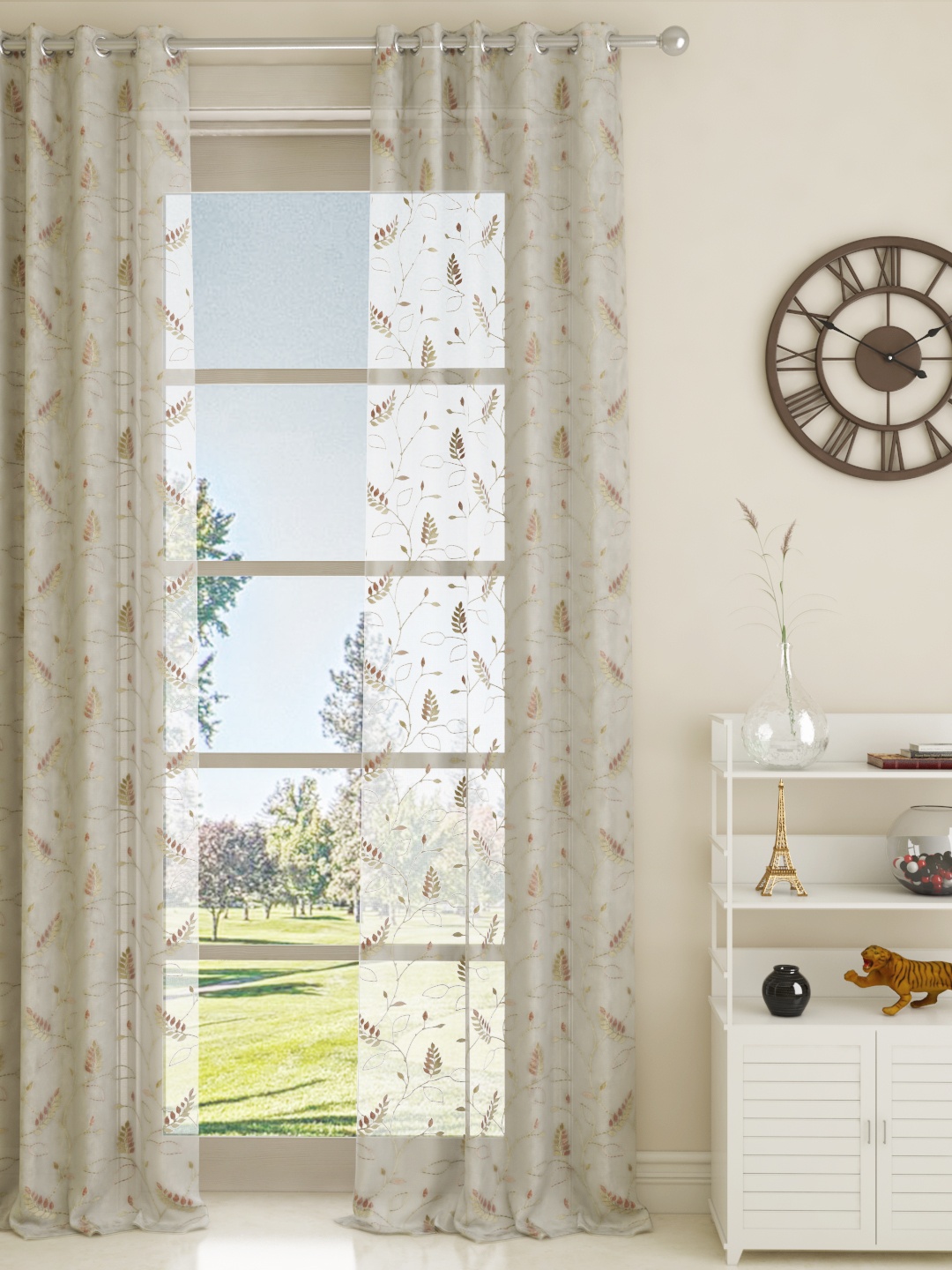 

GM White & Beige Floral Embroidered Sheer Door Curtain