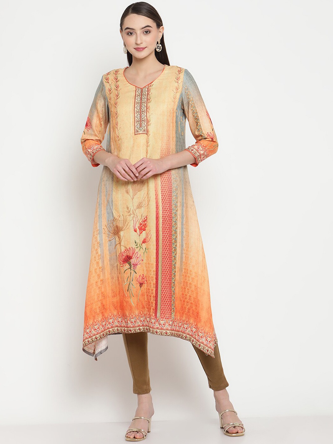 

Be Indi V-Neck Floral Printed Acrylic A- Line Kurta, Yellow