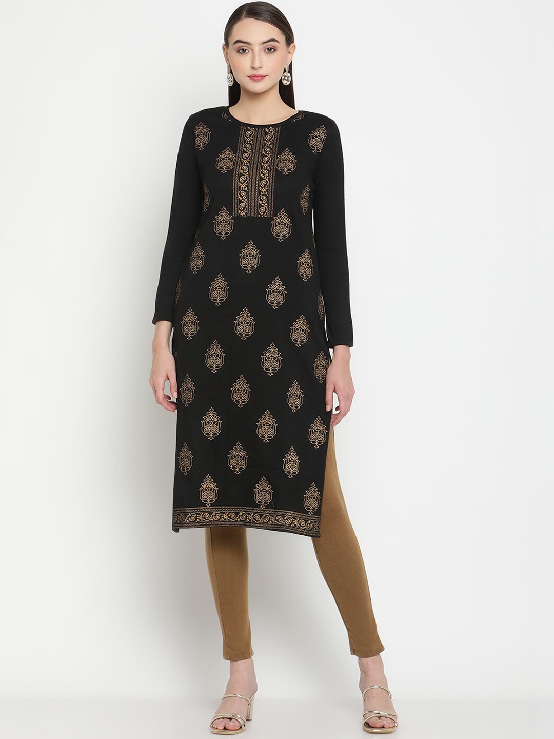 

Be Indi Women Round Neck Ethnic Motifs Straight Side Slits Festive Kurta, Black