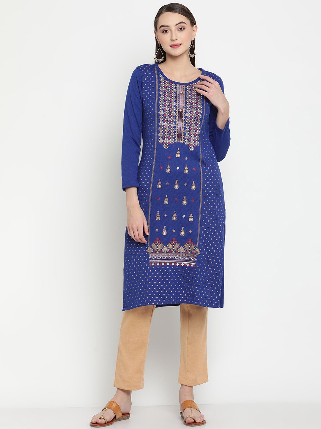 

Be Indi Women Round Neck Ethnic Motifs Straight Side Slits Regular Kurta, Blue