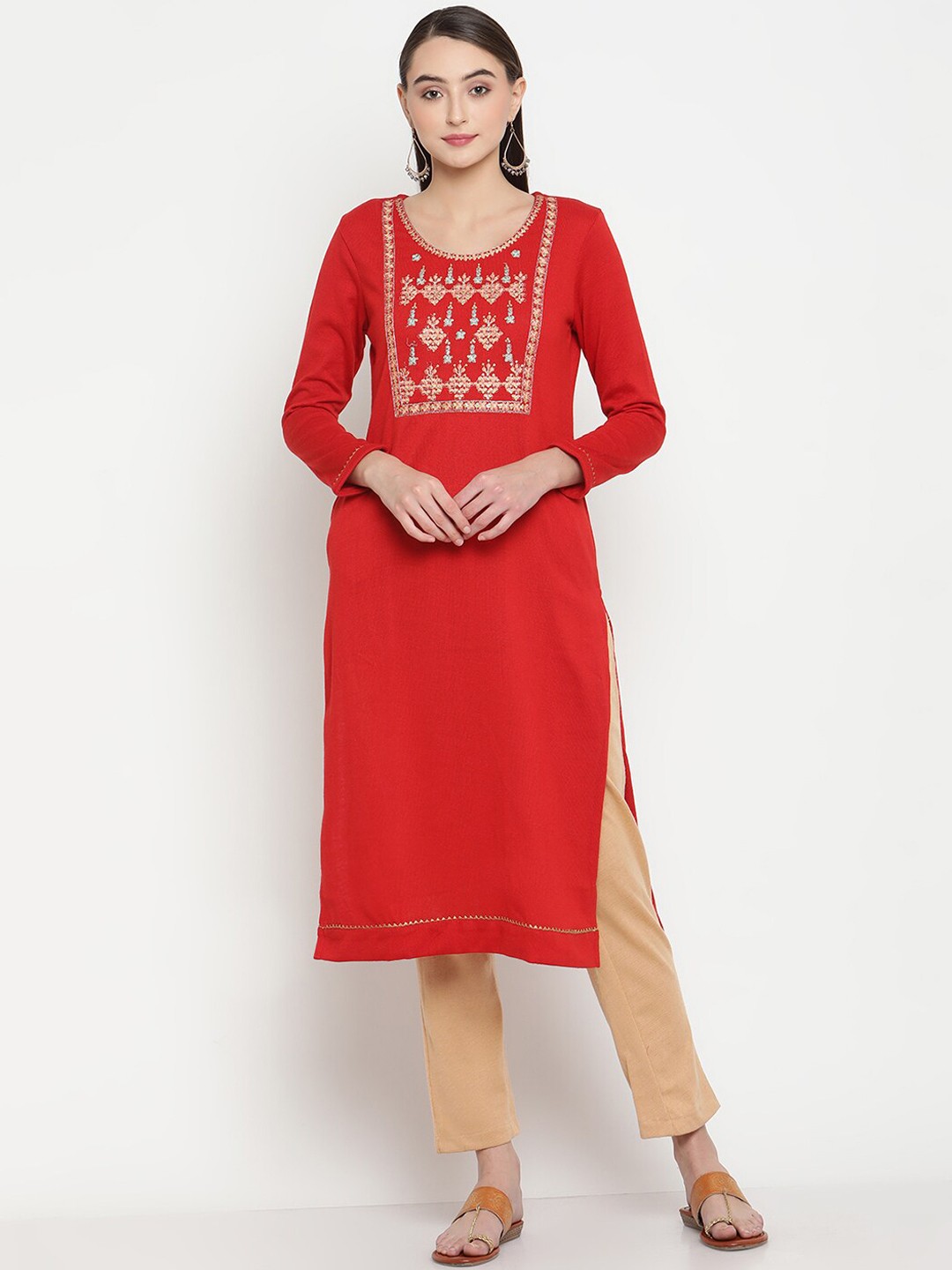 

Be Indi Women Scoop Neck Ethnic Motifs Straight Side Slits Regular Kurta, Red