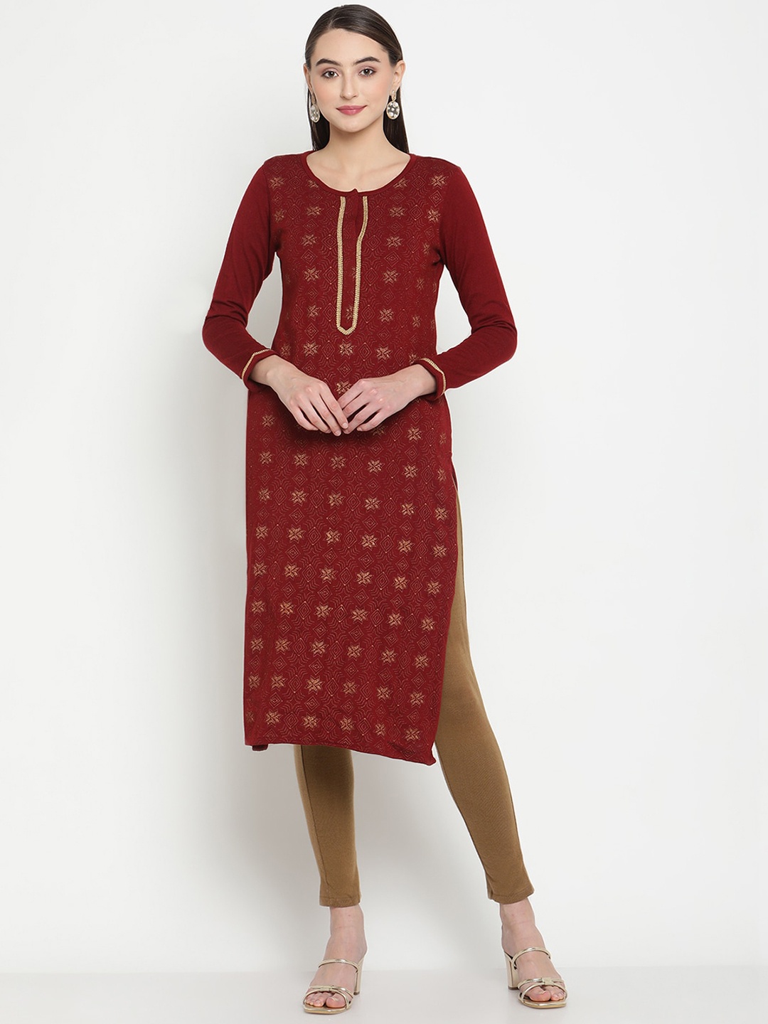 

Be Indi Women Round Neck Ethnic Motifs Straight Side Slits Regular Kurta, Maroon