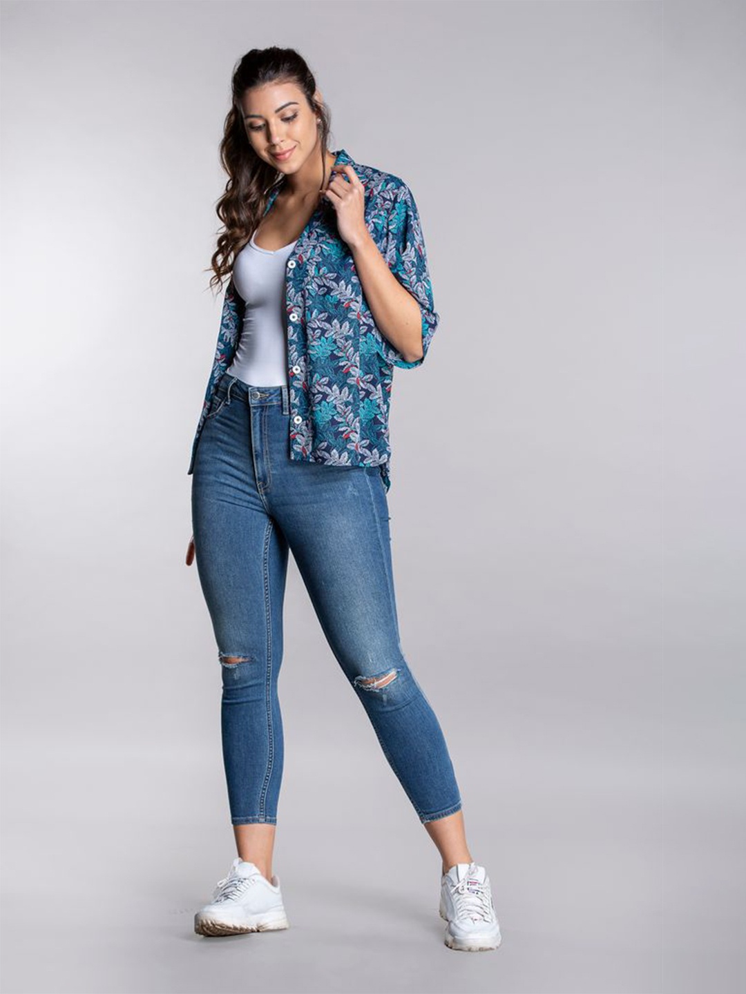 

MKOAL Women Navy Blue Relaxed Floral Printed Casual Shirt