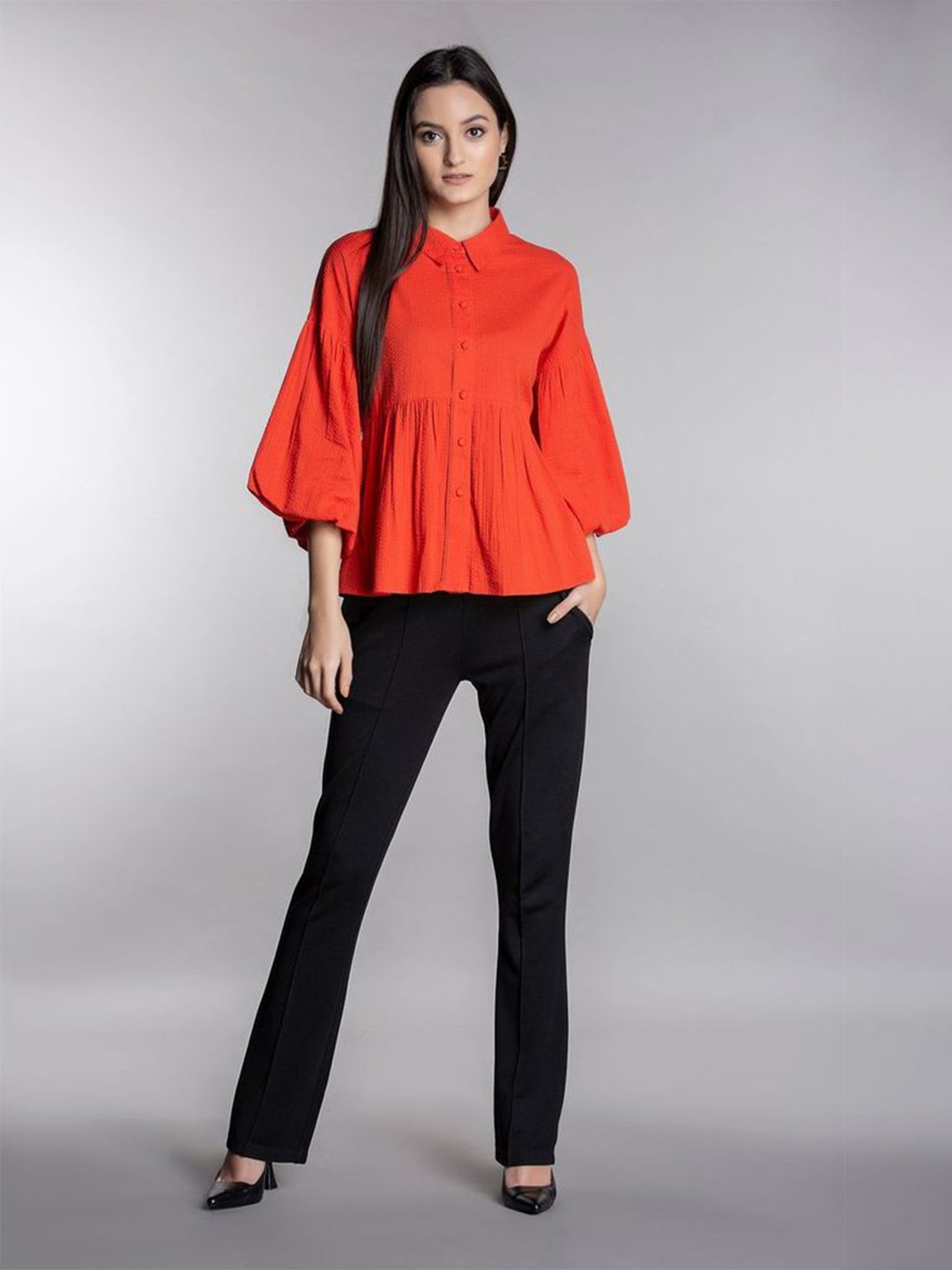

MKOAL Women Orange Relaxed Cotton Casual Shirt