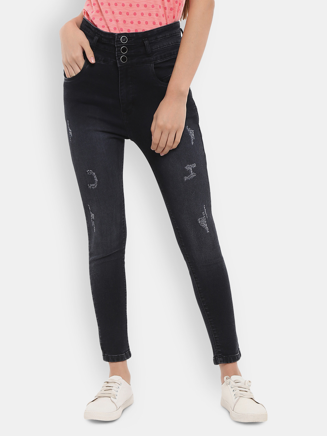 

V-Mart Women Black Classic High-Rise Mildly Distressed Light Fade Cotton Jeans