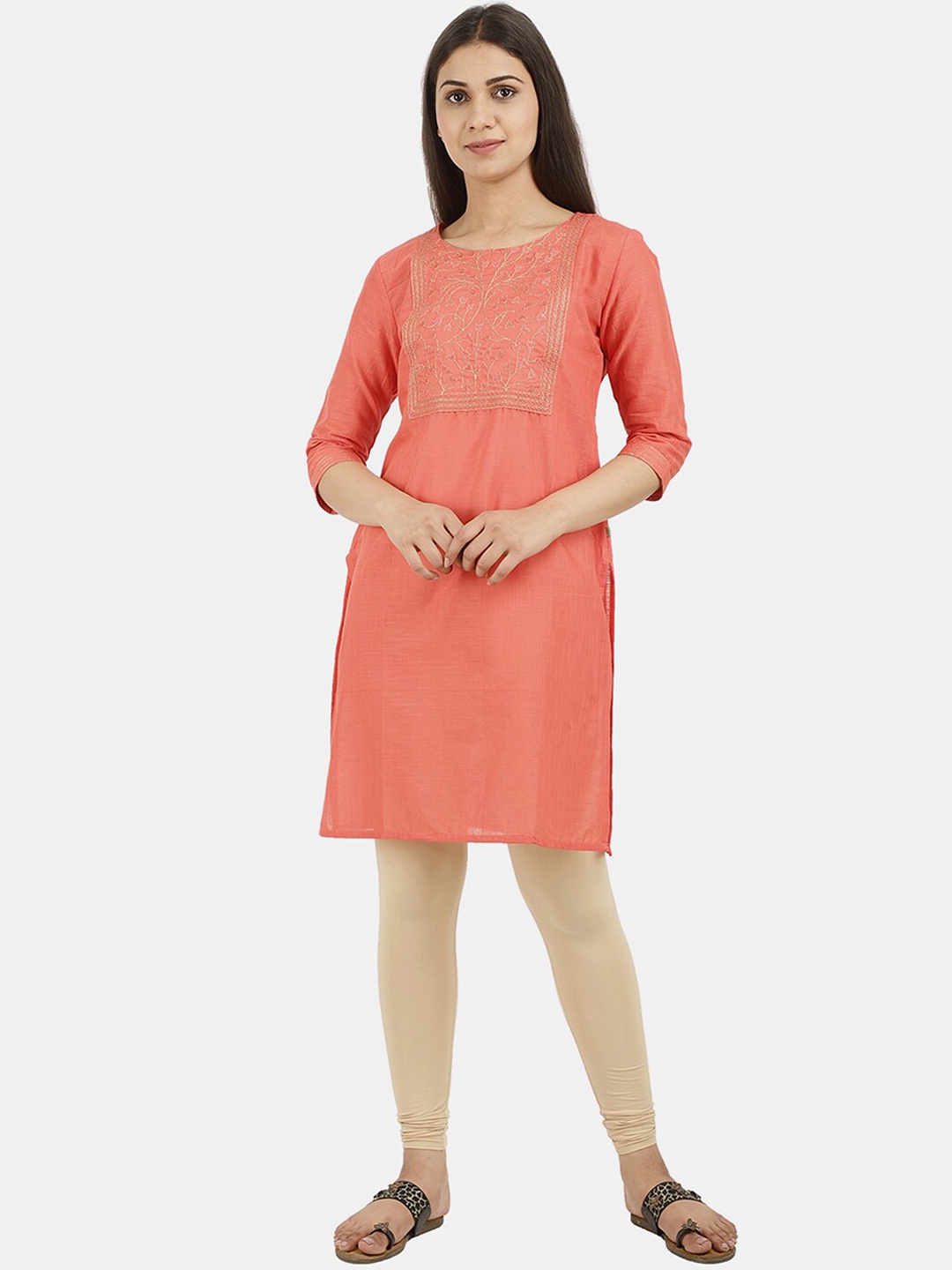 

V-Mart Women Peach Floral Embroidered Cotton Kurta