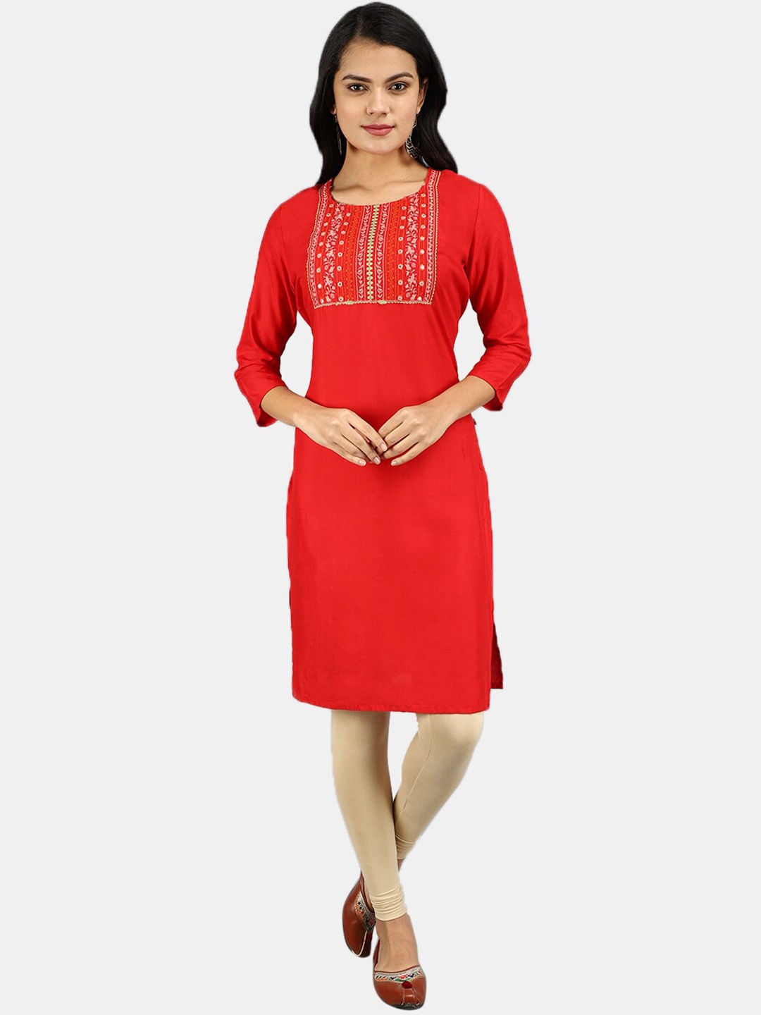 

V-Mart Floral Embroidered Round Neck Kurta, Red