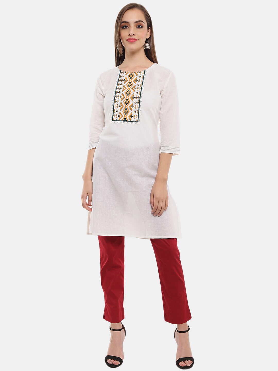 

V-Mart Round Neck Floral Embroidered Regular Fit Cotton Kurta, White