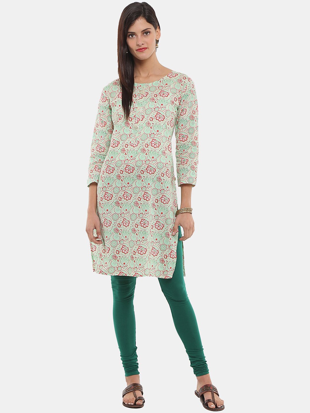 

V-Mart Round Neck Floral Printed Straight Fit Cotton Kurta, Green
